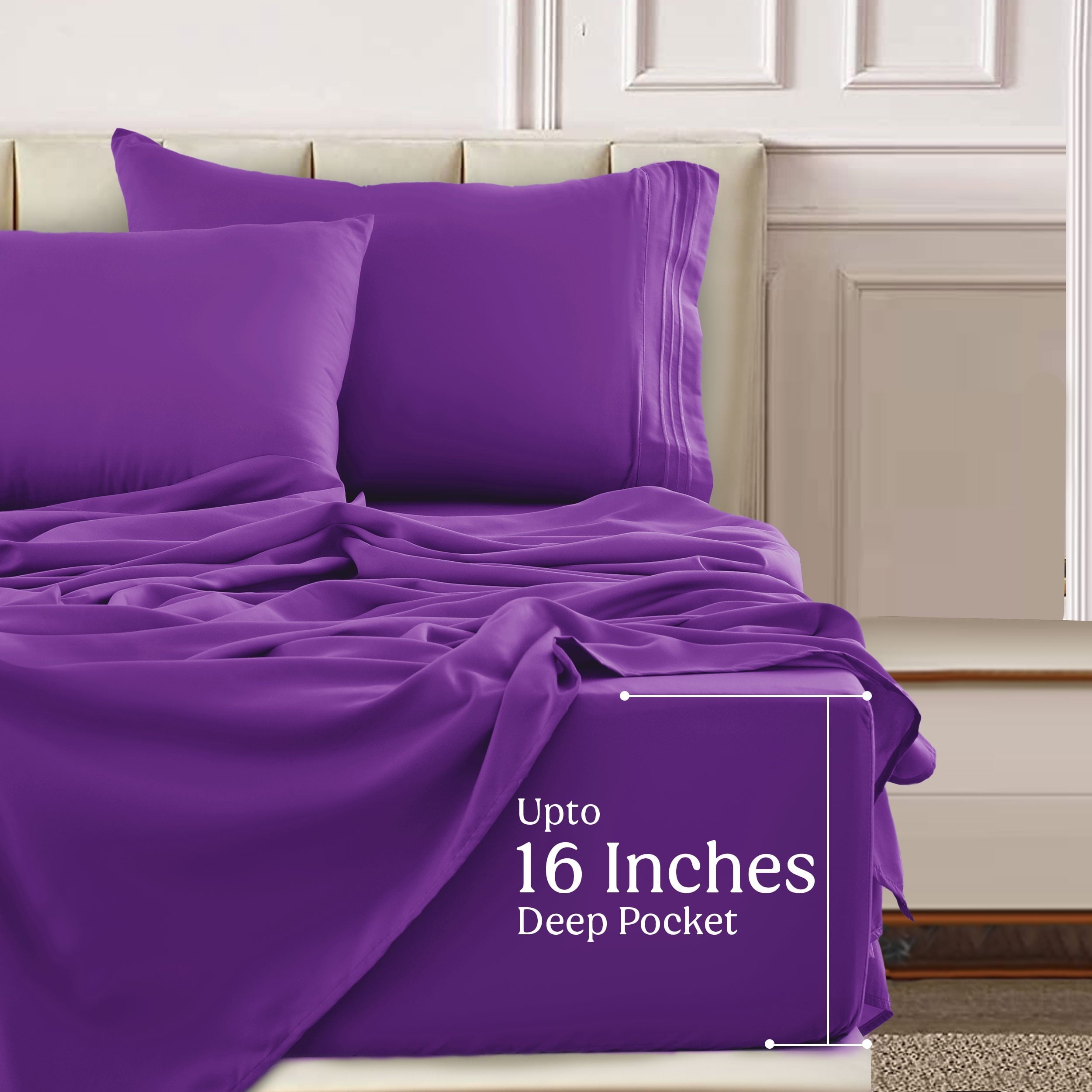 Premium Egyptian Cotton King Bed Sheets - 16 Inch Deep Pocket 6 Piece Microfiber Bedding Sheets & Pillowcase Sets - Purple - Premium Ultra-Soft Pillowcase Pair for Sleeping Detail