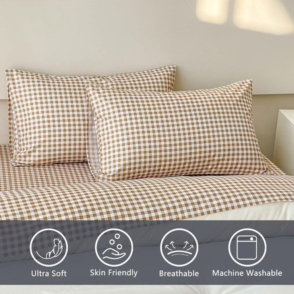 Cooling Sateen Sheet Set, Soft Brushed Microfiber Taupe Plaid Sheets, 4-Piece Brown Grid Set with Deep Pocket - Breathable Egyptian Cotton Flat & Fitted Sheets Detail