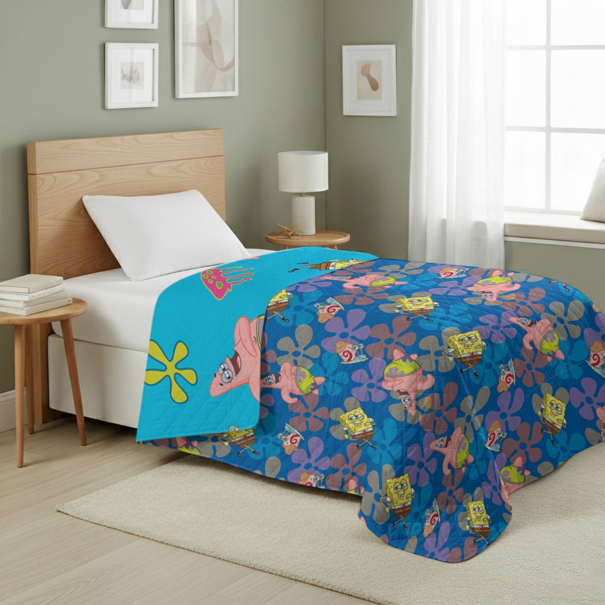 Lightweight Warm Spongebob Tropical Waltz Quilted Throw Blanket 60x80 inches, Kids Character Bedding - Lightweight Plush Warm Blanket for All Seasons Detail