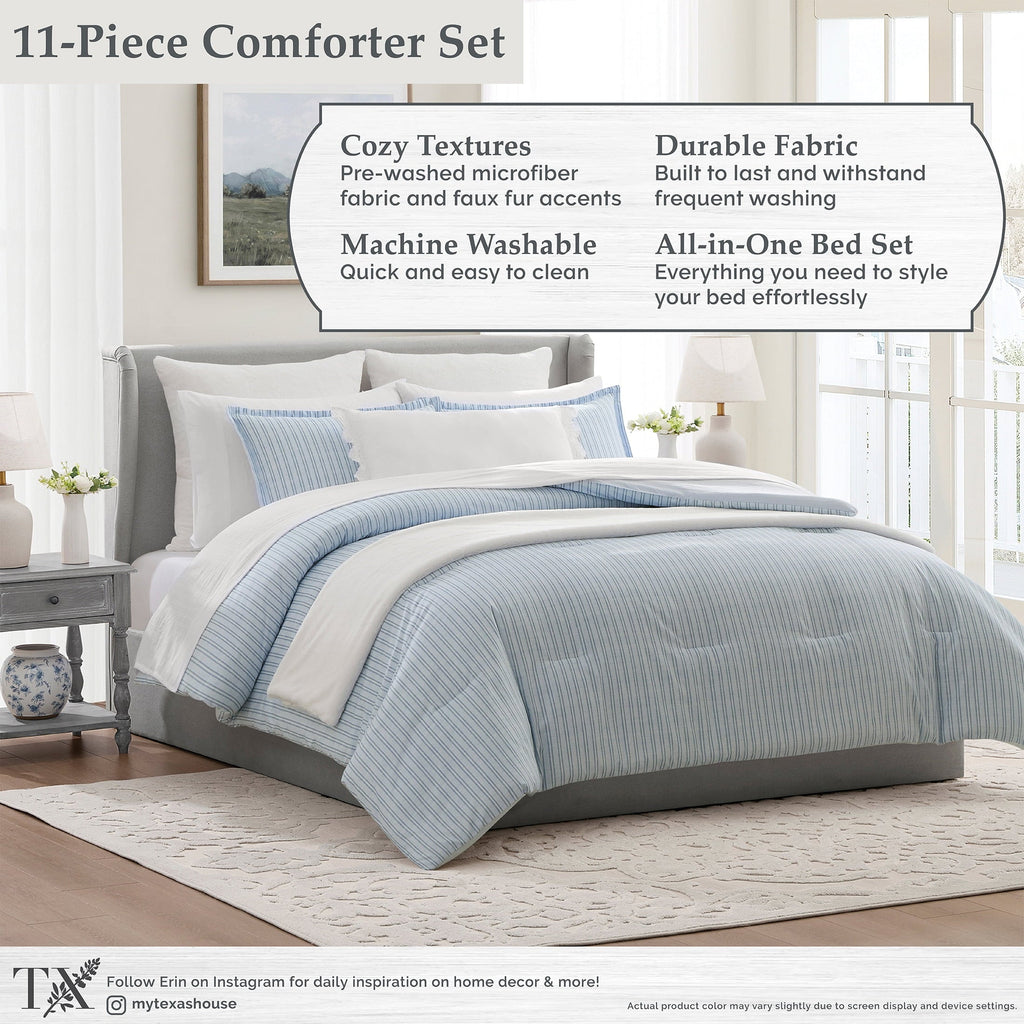 Hypoallergenic Cloud Stripe 11-Piece Comforter Set with Sheets, Blue, Queen - All-Season Down Alternative Comforter Insert Detail