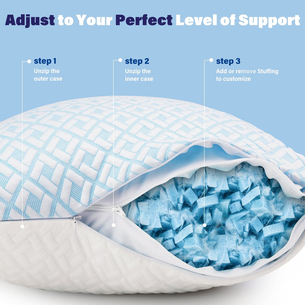 Hotel Collection Cooling Bed Pillows for Sleeping Shredded Memory Foam Pillows Queen Size Set of 2 Pack - Decorative Throw Pillow Cushion for Sofa & Bed Detail