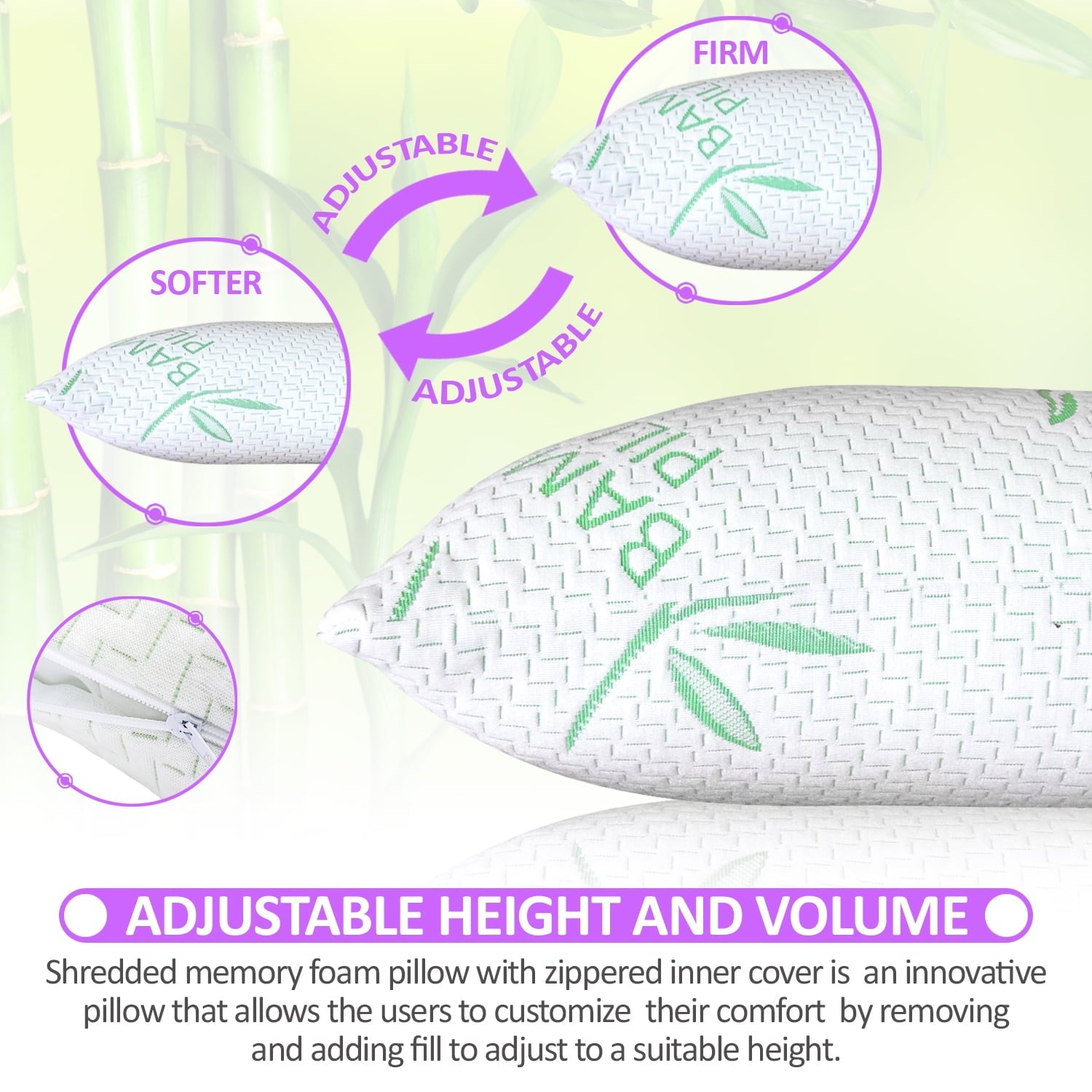 Orthopedic Support King Size Bamboo Pillow, Memory Foam Bed Pillows with Washable Pillowcases, King - Hotel Quality Plush Sleeping Pillows Detail