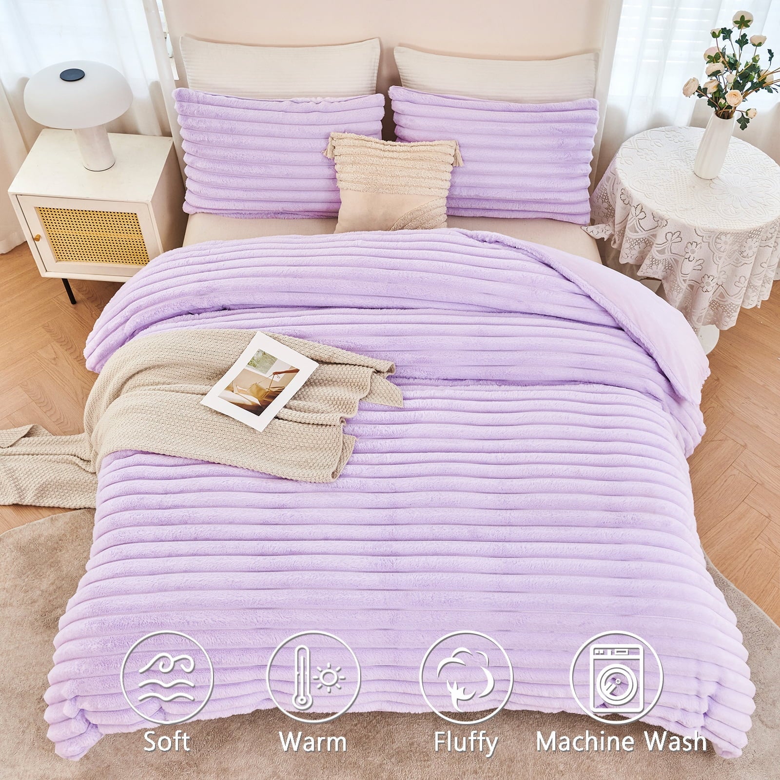 Hypoallergenic Cloud Fleece Twin Comforter Set, Light Purple Super Soft Furry Plush Bedding, Luxury Fluffy Fuzzy Heavy Bed Set for Winter ... - All-Season Down Alternative Comforter Insert Detail