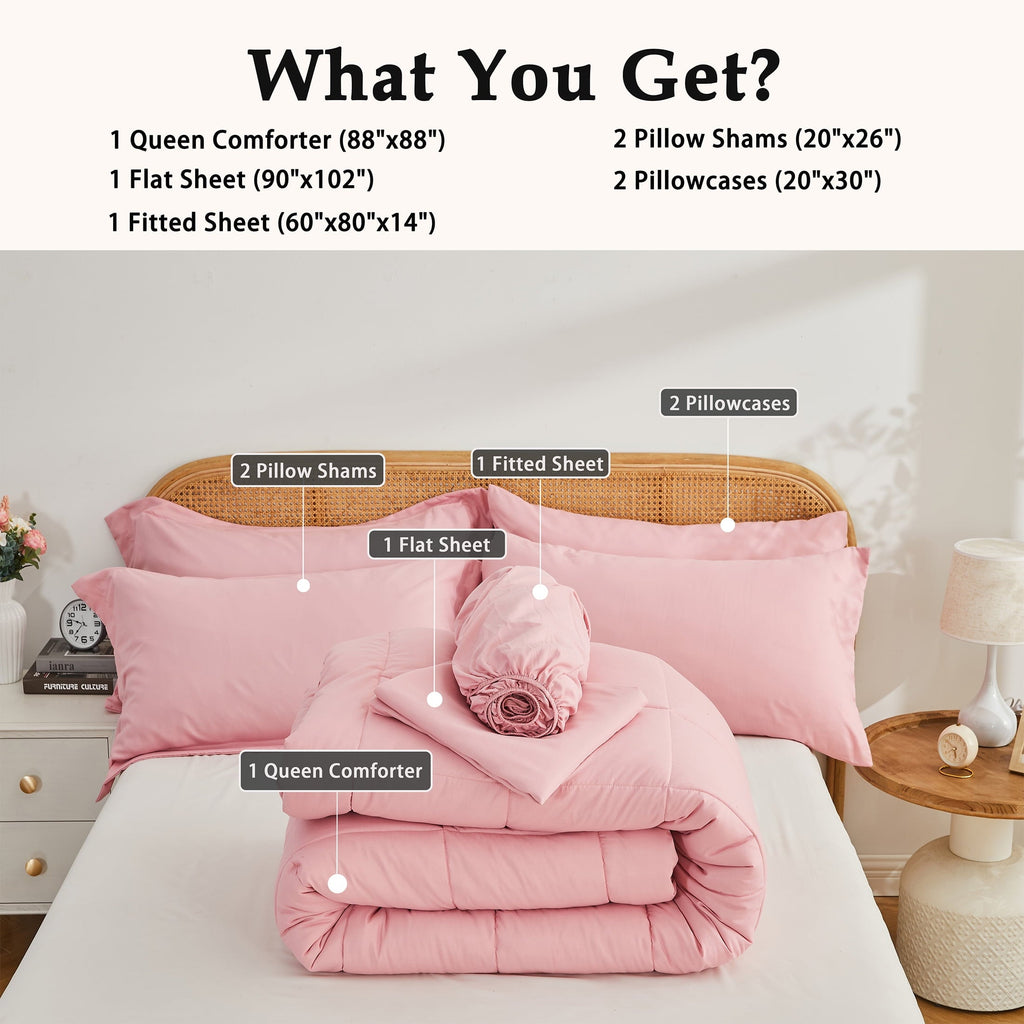 Heavyweight Warmth 7-Piece Queen Size Comforter Set,Pink Reversible Bed in a Bag,All Season Solid Bedding Set with Sheets,Pillowcases & ... - Hypoallergenic Ultra-Fluffy Quilt for Winter Detail