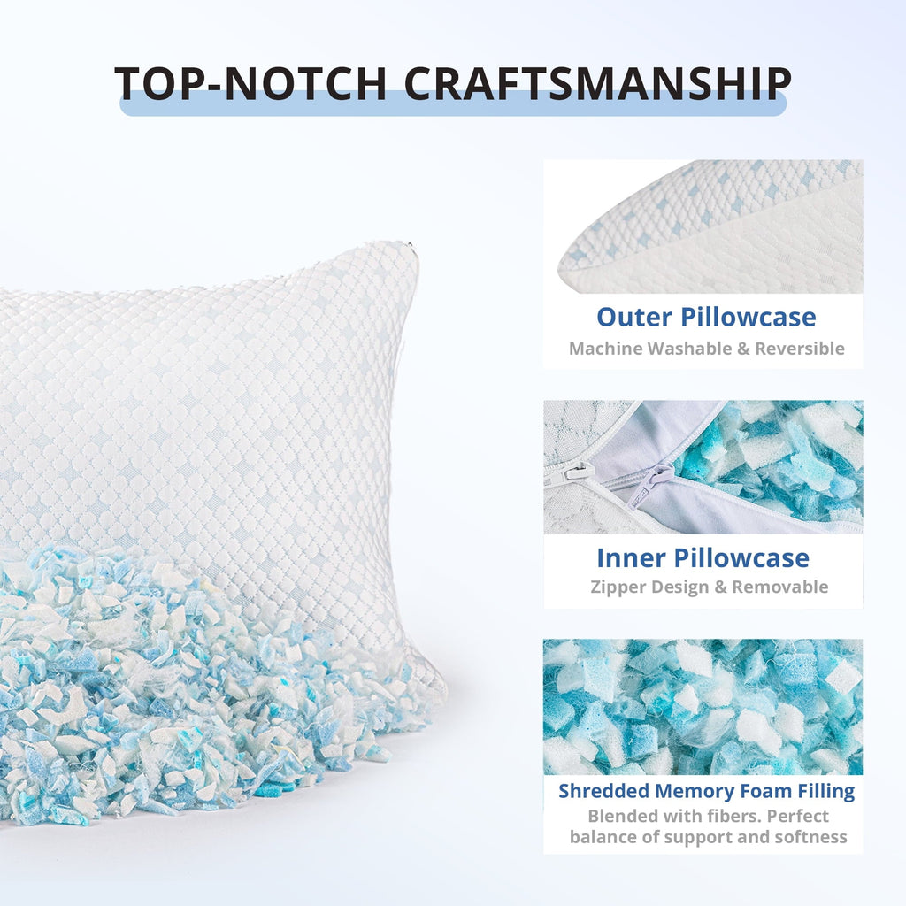 Hotel Collection 2-Pack Adjustable Cooling Bed Pillows, Shredded Memory Foam Pillows Set of 2, Standard Queen, Dual Sides - Hotel Quality Plush Sleeping Pillows Detail