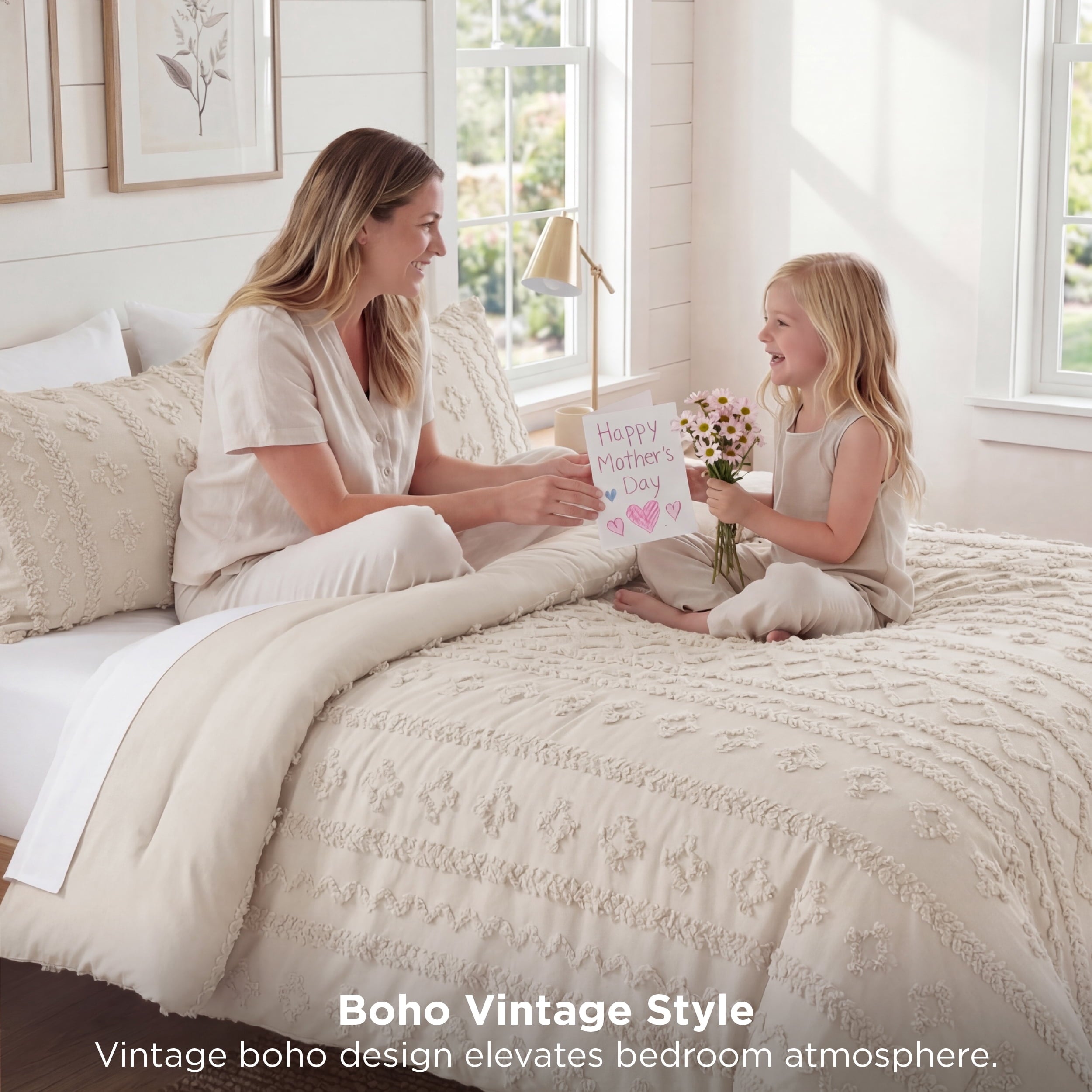 All-Season Tufted Boho Comforter Set Queen, Beige, 3 Pieces Farmhouse Shabby Chic Embroidery Bedding Set, Soft Jacquard Comforte... - Cloud-Like Soft Lightweight Bed Comforter Detail