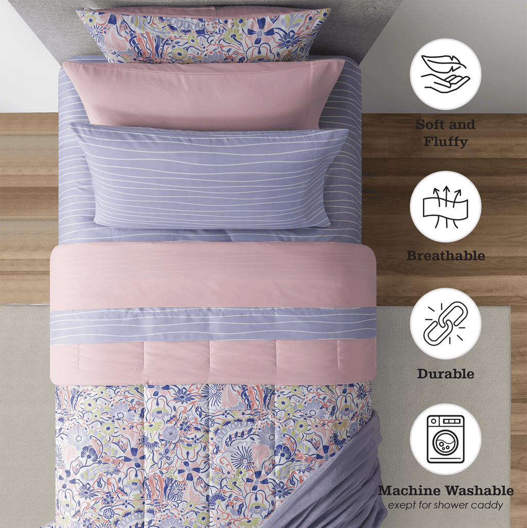 Heavyweight Warmth 14pc College Dorm Essentials Bundle, Twin-XL, Reversible Bed in a Bag Comforter Set, Purple Floral - Cloud-Like Soft Lightweight Bed Comforter Detail