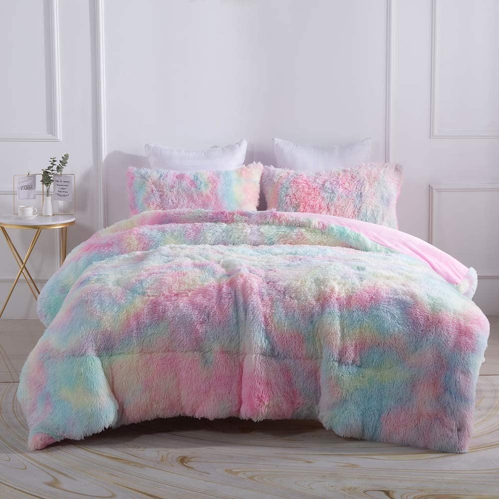 Heavyweight Warmth Plush Shaggy Comforter Set Fluffy Fuzzy Faux Fur Bedding Set - Microfiber Soft Warm Quilt Set(Rainbow Pink,Queen Size) - Cloud-Like Soft Lightweight Bed Comforter Detail