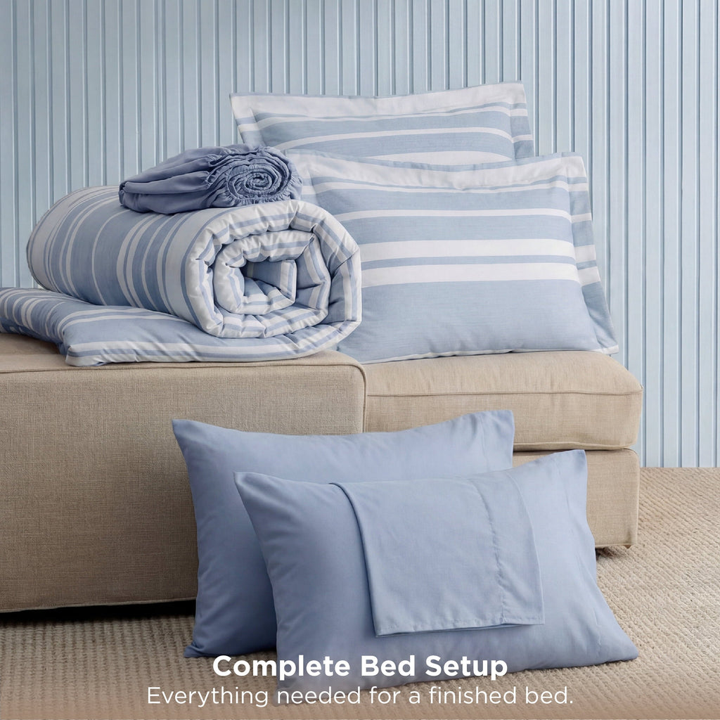 Heavyweight Warmth Queen Comforter Set Blue, Bed in a Bag Queen Size Bedding 7-Pieces, Striped Bedding Set for All Seasons - Luxurious Quilted Duvet Cover Set Detail