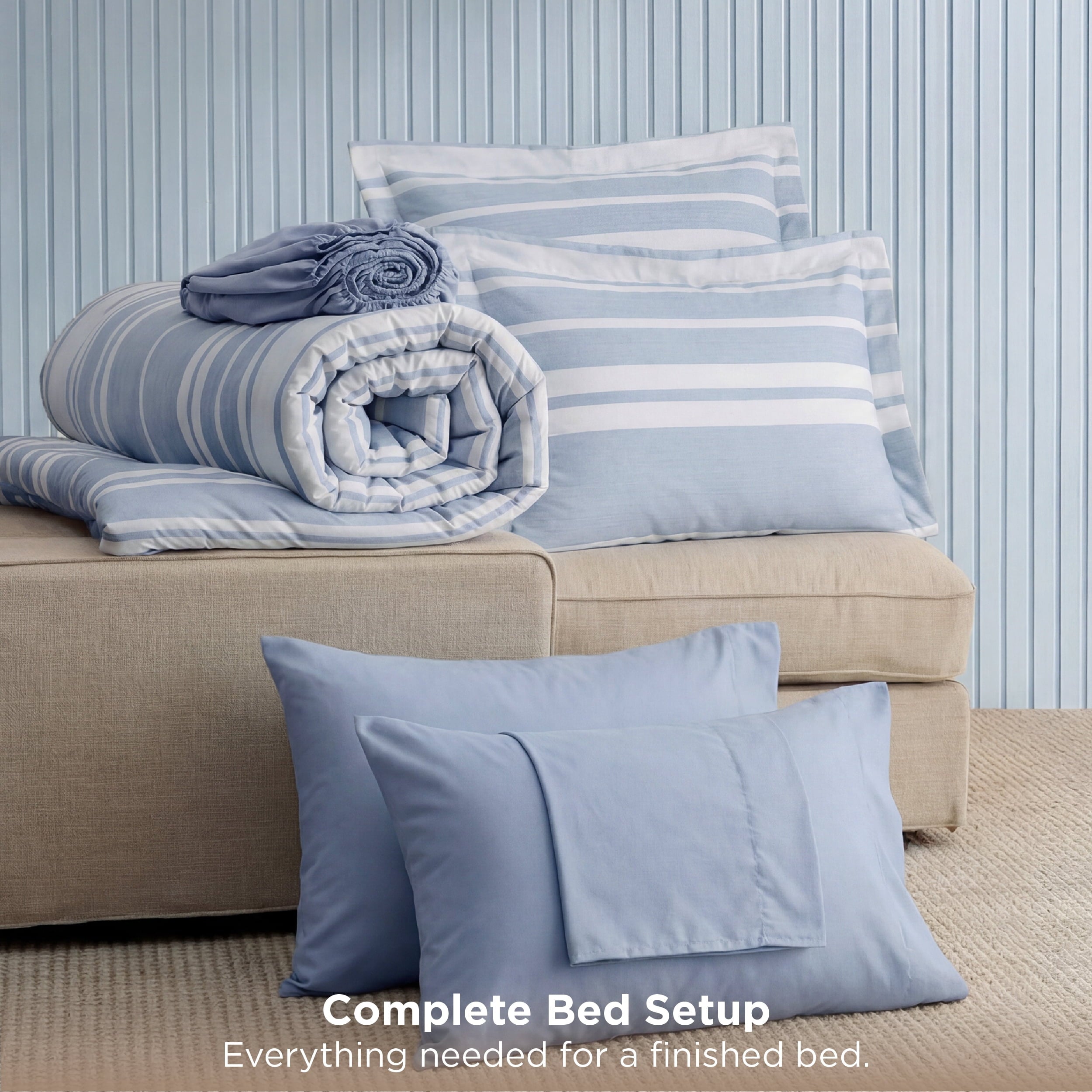 Heavyweight Warmth Queen Comforter Set Blue, Bed in a Bag Queen Size Bedding 7-Pieces, Striped Bedding Set for All Seasons - Luxurious Quilted Duvet Cover Set Detail