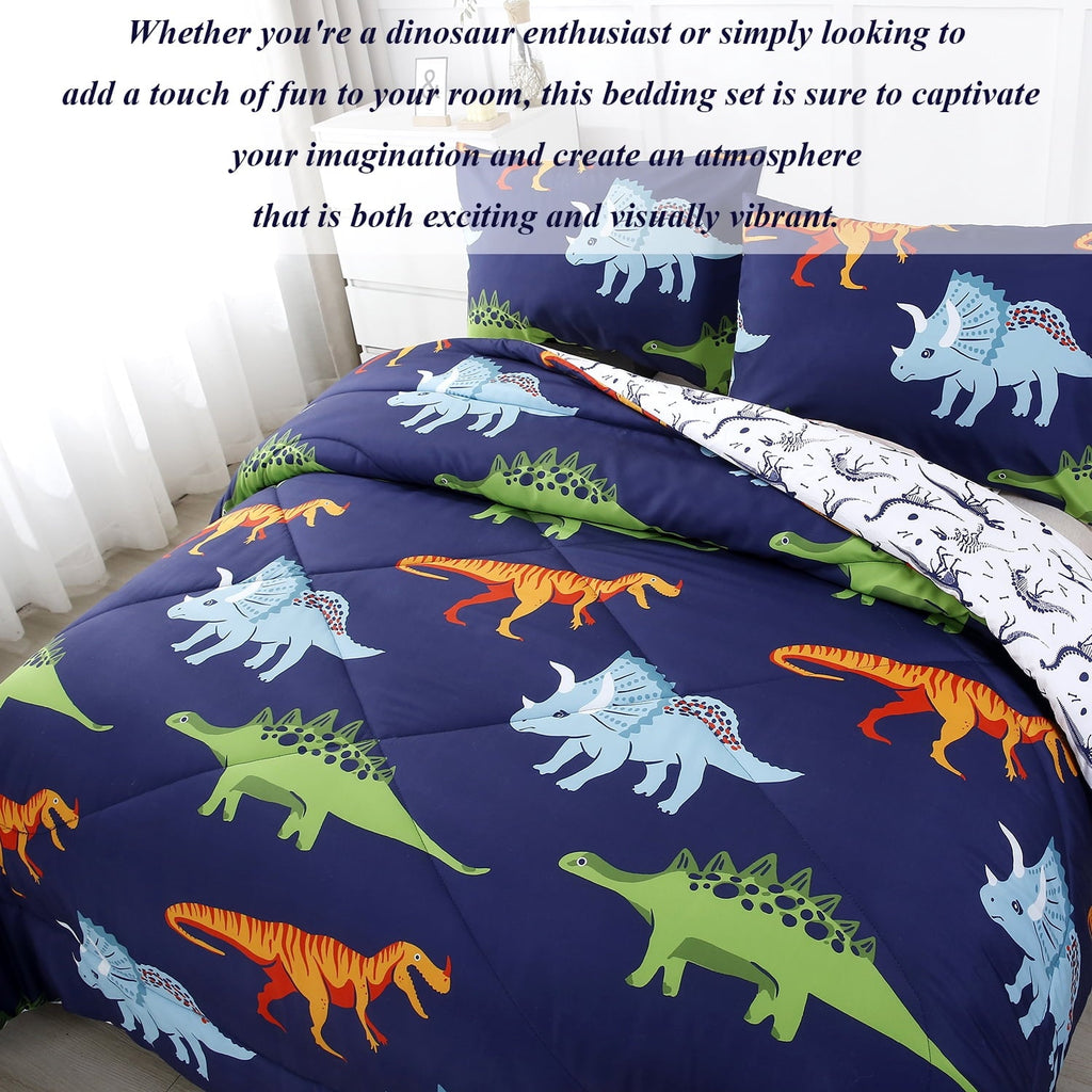 Fluffy Down Alternative 3 Pcs Dinosaur Twin Size Bedding Sets for Boys, Dinosaur Printing Boys Comforter Set, Blue and White Reversible Bed C... - Luxurious Quilted Duvet Cover Set Detail