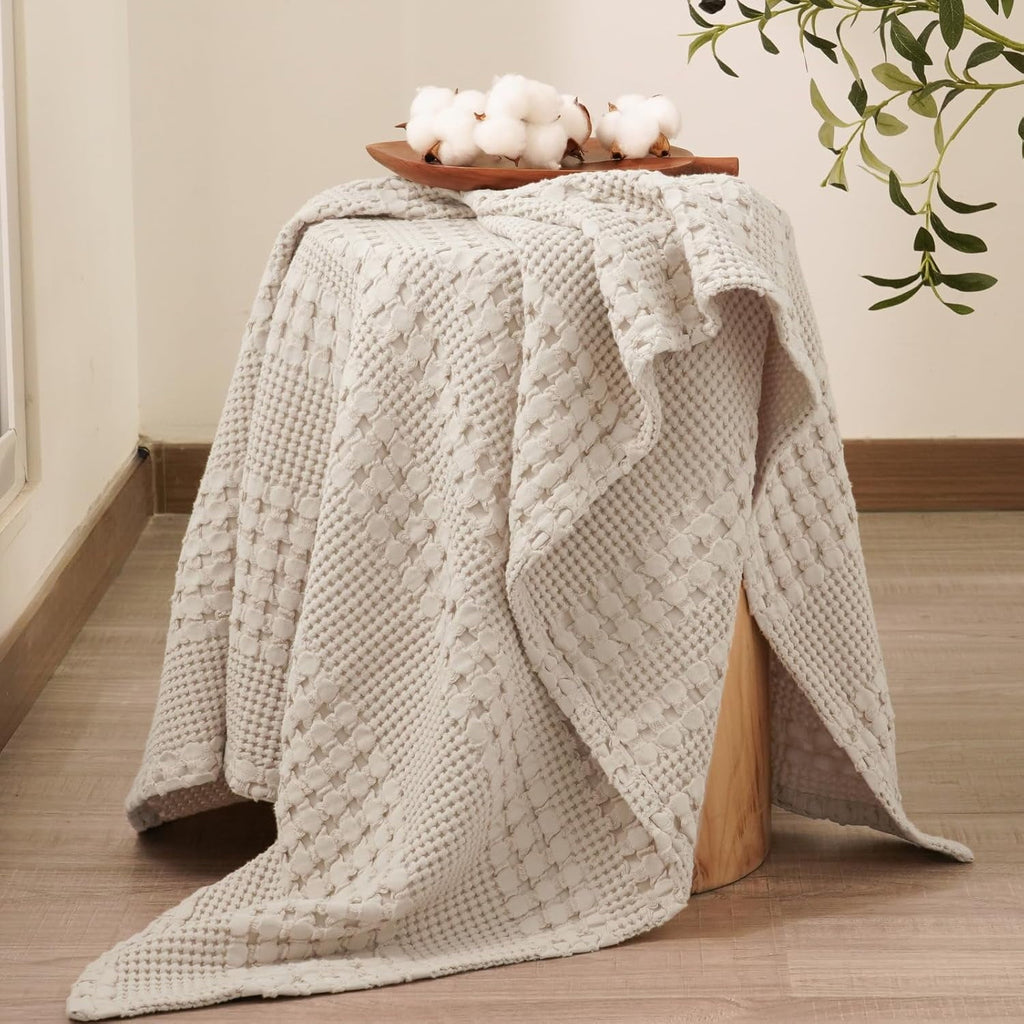 Decorative Knitted 100% Cotton Waffle Weave Blanket, Lightweight Throw Washed Blanket for Bed Sofa Home Decor, Oatmeal, 50"x60" - Cozy Fleece Throw Blanket for Couch & Bed Detail