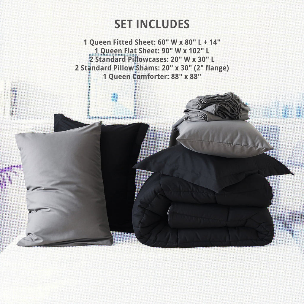 Fluffy Down Alternative Queen Size 7 Piece Comforter Set | Bed in a Bag for Unisex Adult | Black/Gray - All-Season Down Alternative Comforter Insert Detail