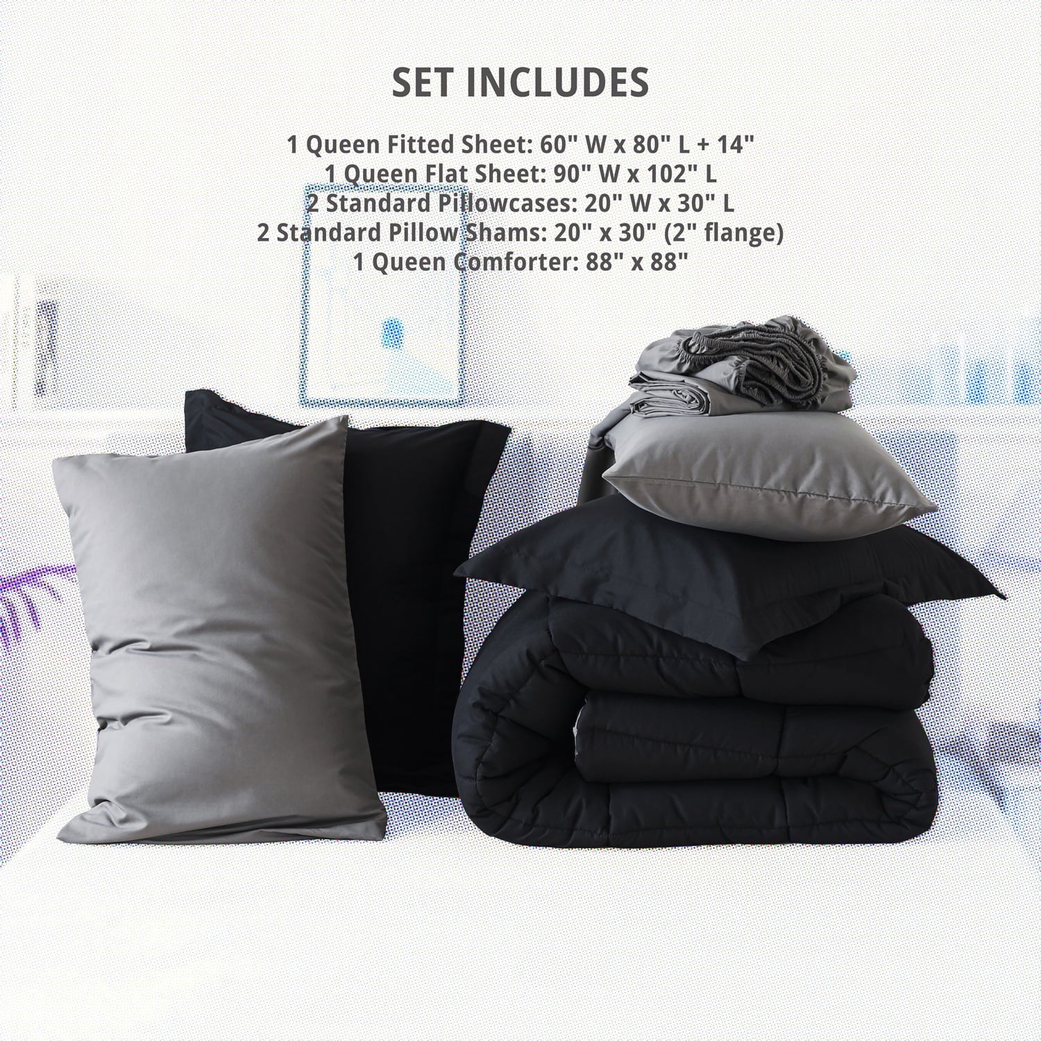 Fluffy Down Alternative Queen Size 7 Piece Comforter Set | Bed in a Bag for Unisex Adult | Black/Gray - All-Season Down Alternative Comforter Insert Detail