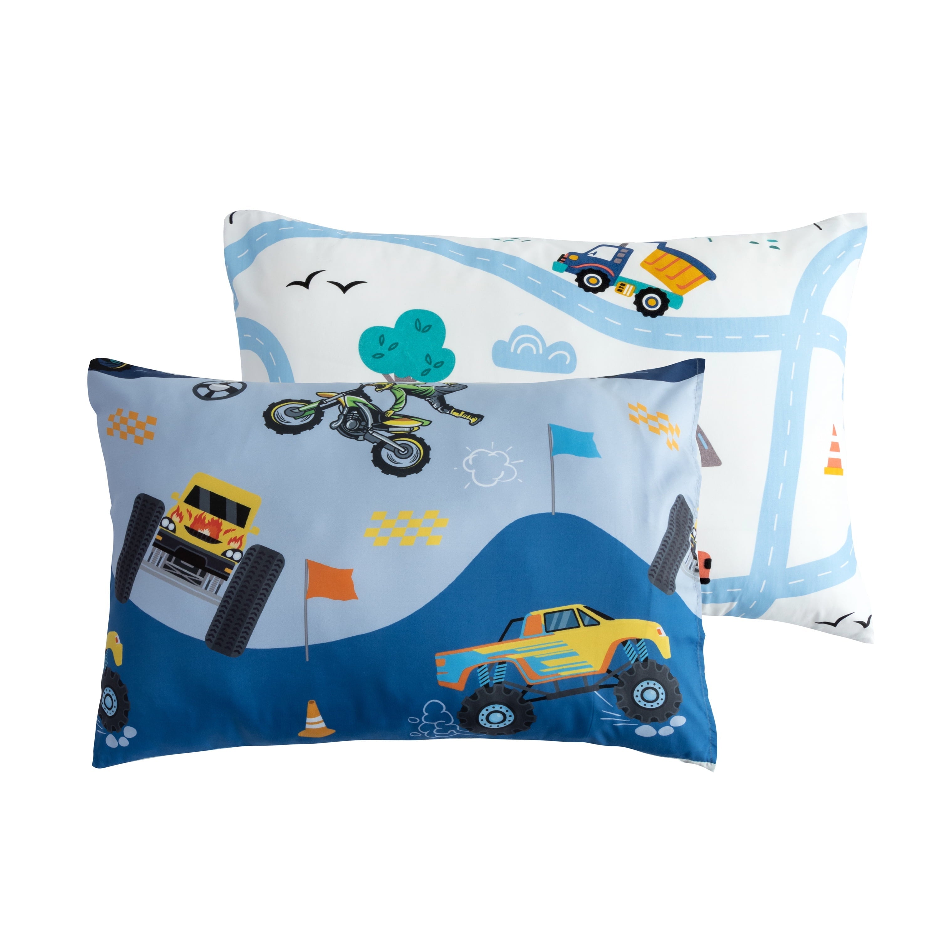 Hypoallergenic Cloud 3Pcs Reversible Construction Truck Twin Comforter Set for Boys Kids Excavator Vehicle Motorcycle Bedding Set Blue - All-Season Down Alternative Comforter Insert Detail