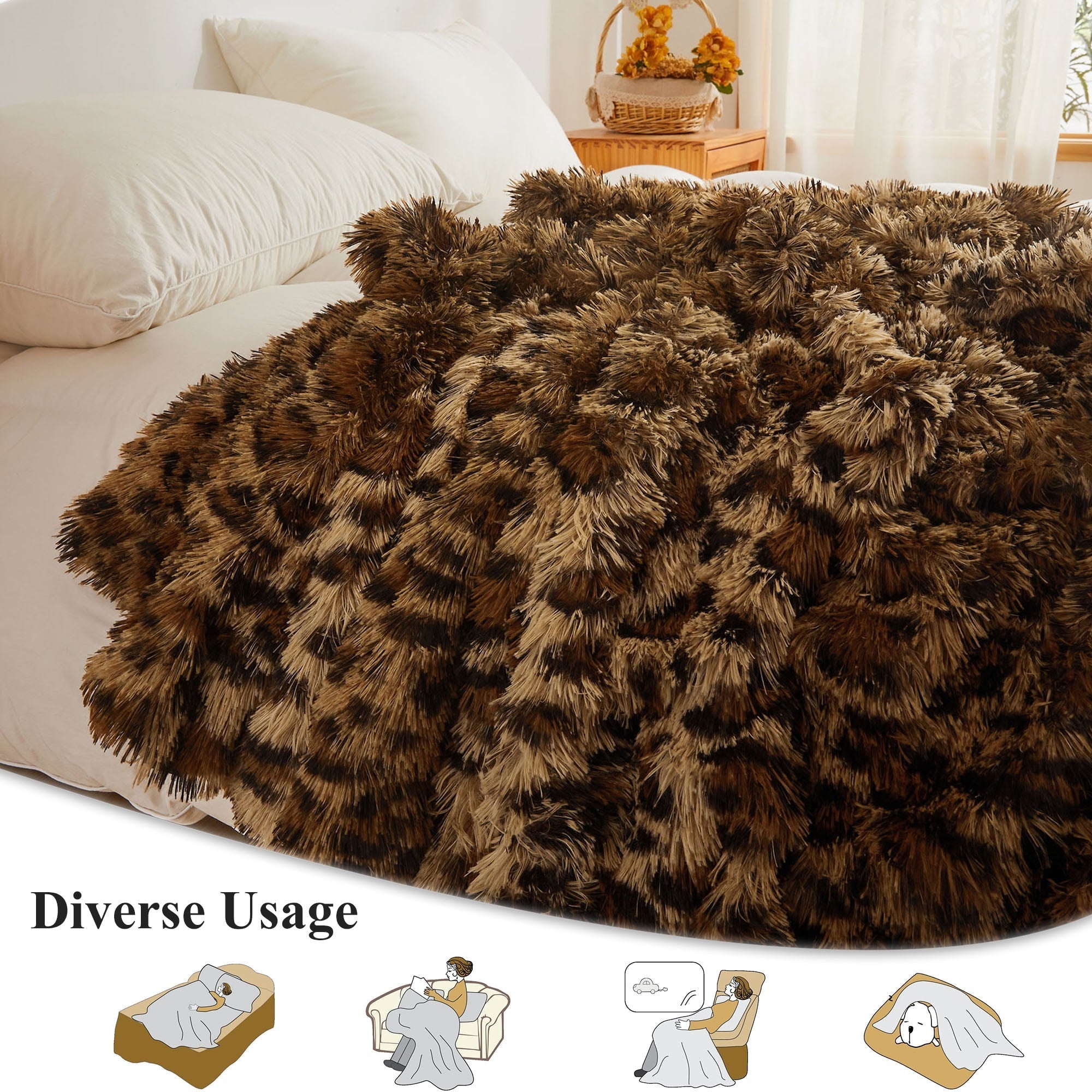 Super Soft Flannel Luxury Faux Fur Leopard Print Throw, Soft 50x60 Cheetah Print Fluffy Blanket, Shaggy Plush Decorative Couch Throw, Cu... - Cozy Fleece Throw Blanket for Couch & Bed Detail