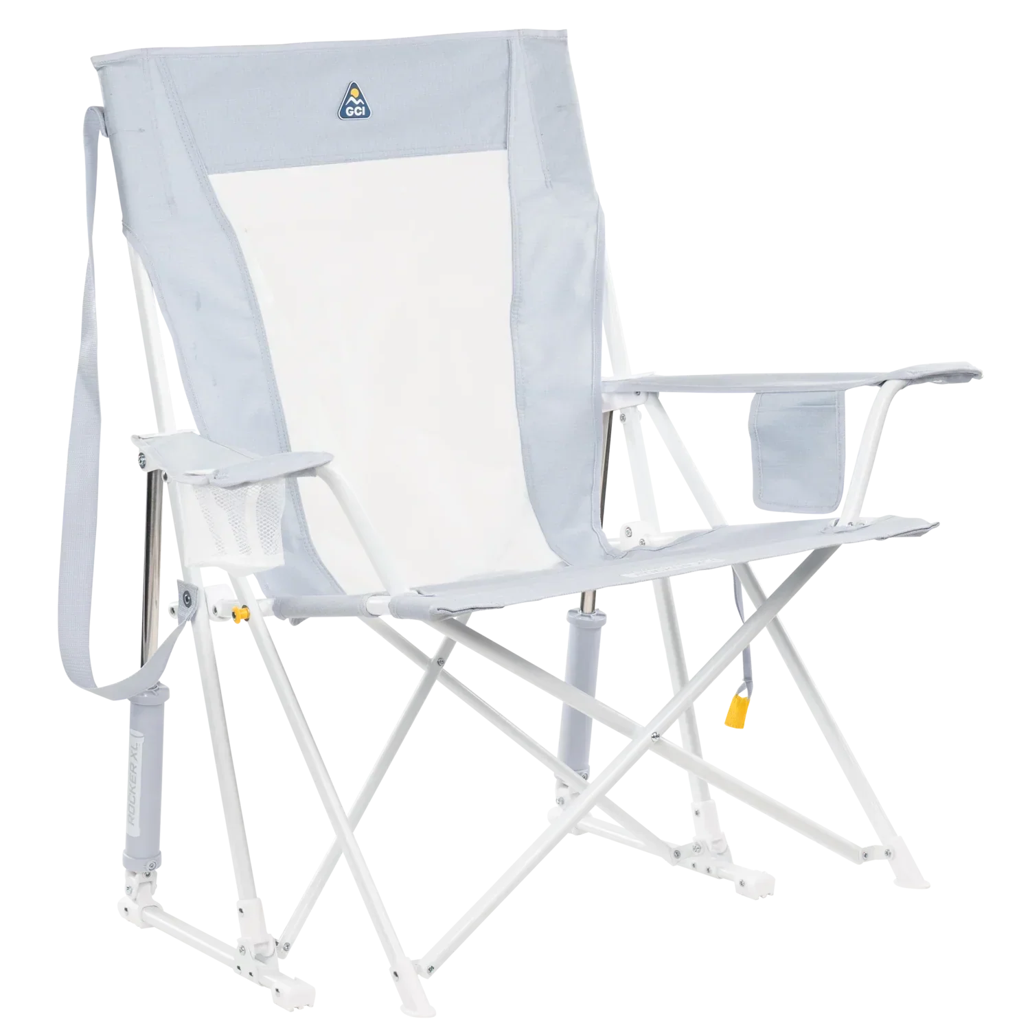 Luxury Camp Comfort Pro Rocker XL - Choice 107 - Heavy-Duty Kickback Rocker with Beverage Holder - Heathered Light Blue