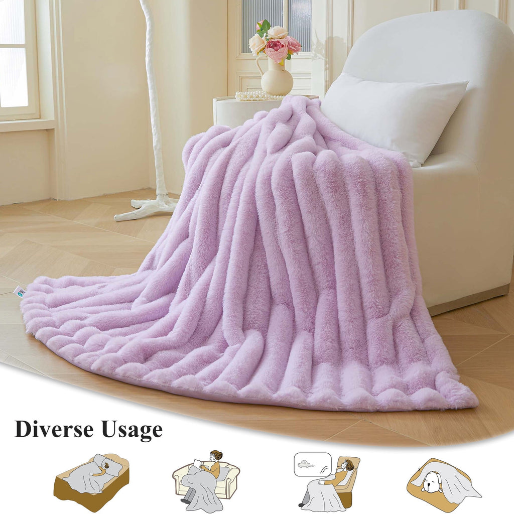 Decorative Knitted Fluffy Faux Rabbit Fur Throw, Cozy Wide Stripe Plush Fuzzy Blanket for Bed Couch Sofa Chair, Light Purple Shaggy Thro... - Luxury Knitted Decorative Throw Blanket with Fringes Detail