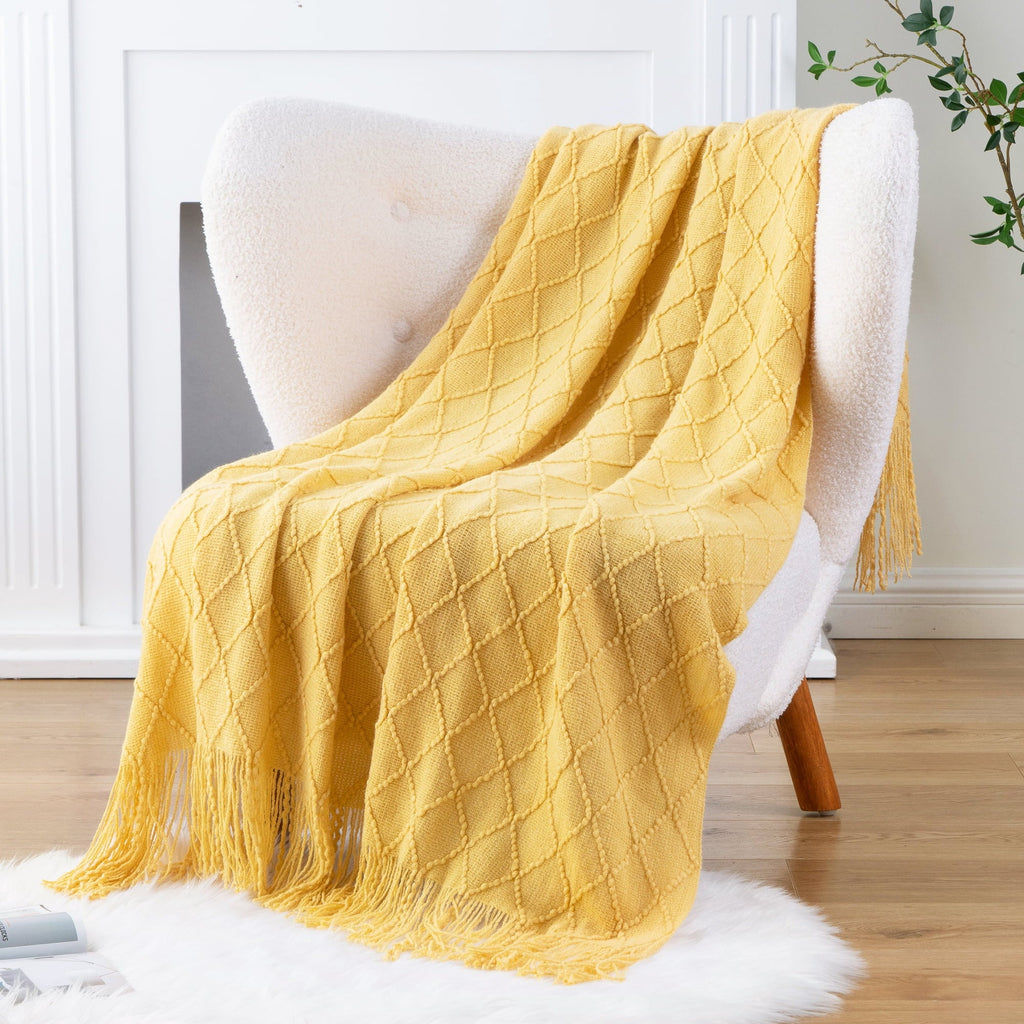Lightweight Warm Mustard Throw Blanket for Couch,Gold Yellow Knit Throw with Fringe,Outdoor Throw ,50"x60" - Super Soft Reversible Sherpa Flannel Blanket Detail