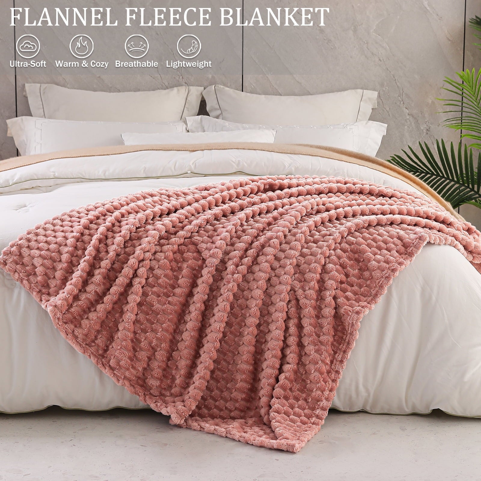 Super Soft Flannel Large Soft Fleece Throw Blanket, 50"x70" Stylish Jacquard Throw Blanket for Couch, Cozy, Warm, Lightweight Dusty Pink... - Super Soft Reversible Sherpa Flannel Blanket Detail