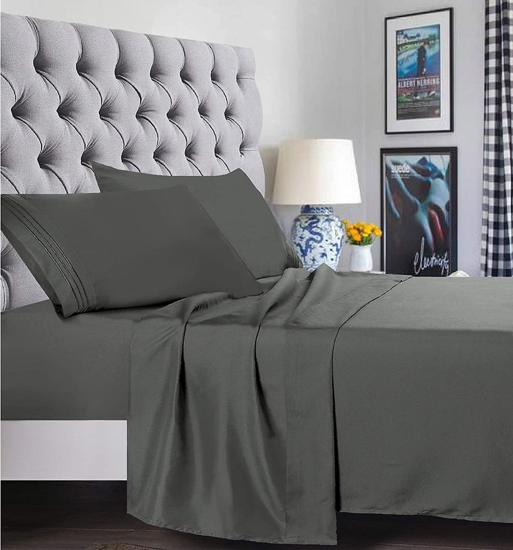 Wrinkle-Resistant 4 Pieces Bed Sheet set Flat,Fitted,Pillowcase , Queen Grey - Breathable Egyptian Cotton Flat & Fitted Sheets Detail
