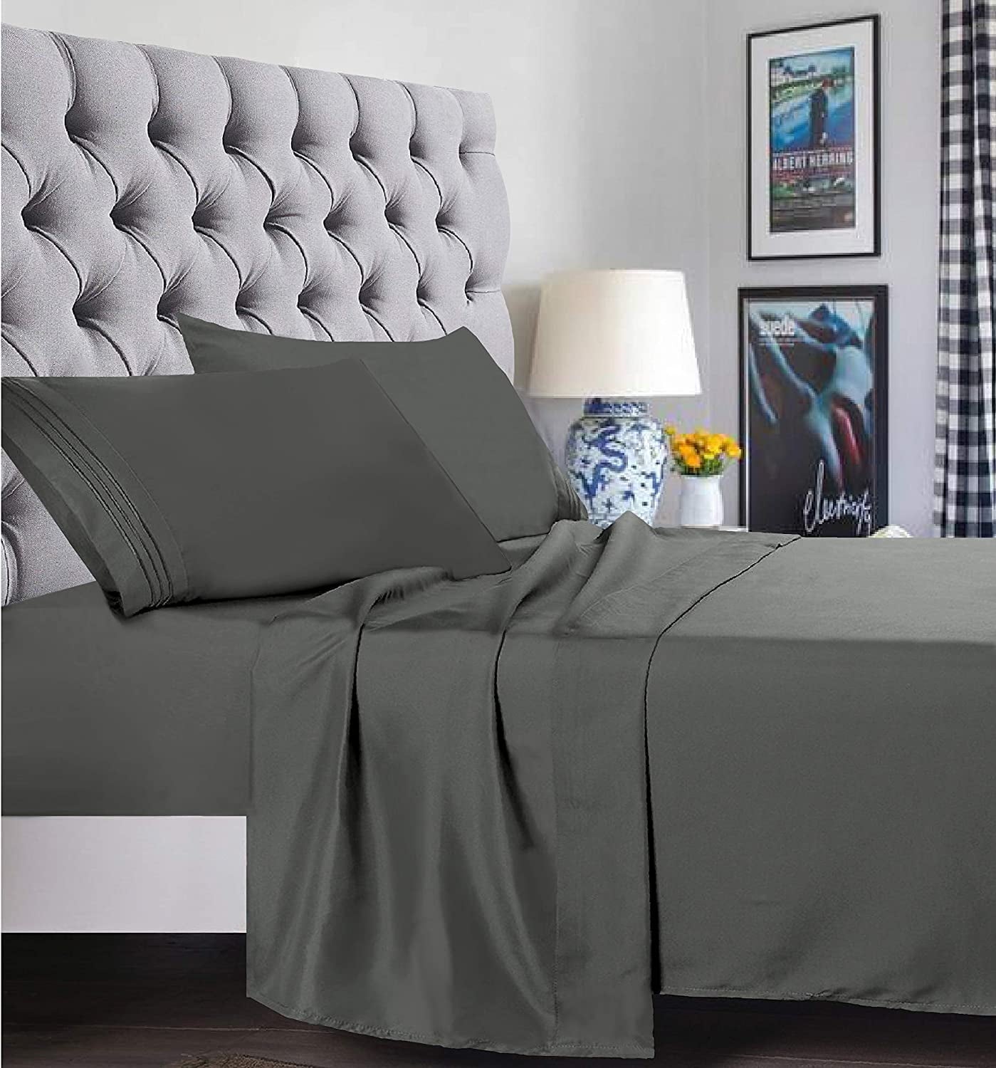 Wrinkle-Resistant 4 Pieces Bed Sheet set Flat,Fitted,Pillowcase , Queen Grey - Breathable Egyptian Cotton Flat & Fitted Sheets Detail