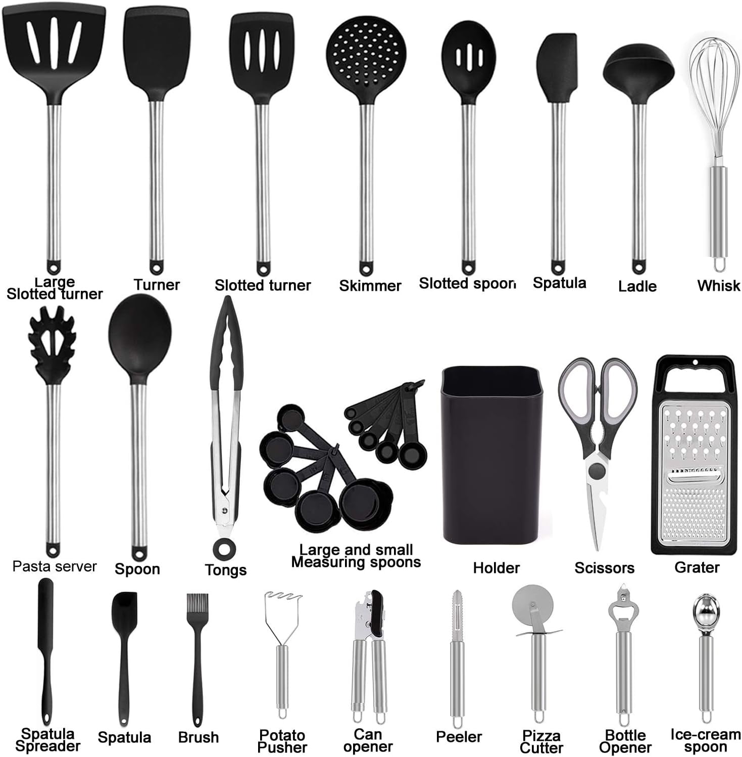 Ergonomic Cooking Kitchen Utensil Set-Silicone Cooking Utensils-33 Kitchen Gadgets & Spoons for Nonstick Cookware-Silicone and Stainles... - Durable Turner & Ladle Utensil Set for Home Chefs Detail
