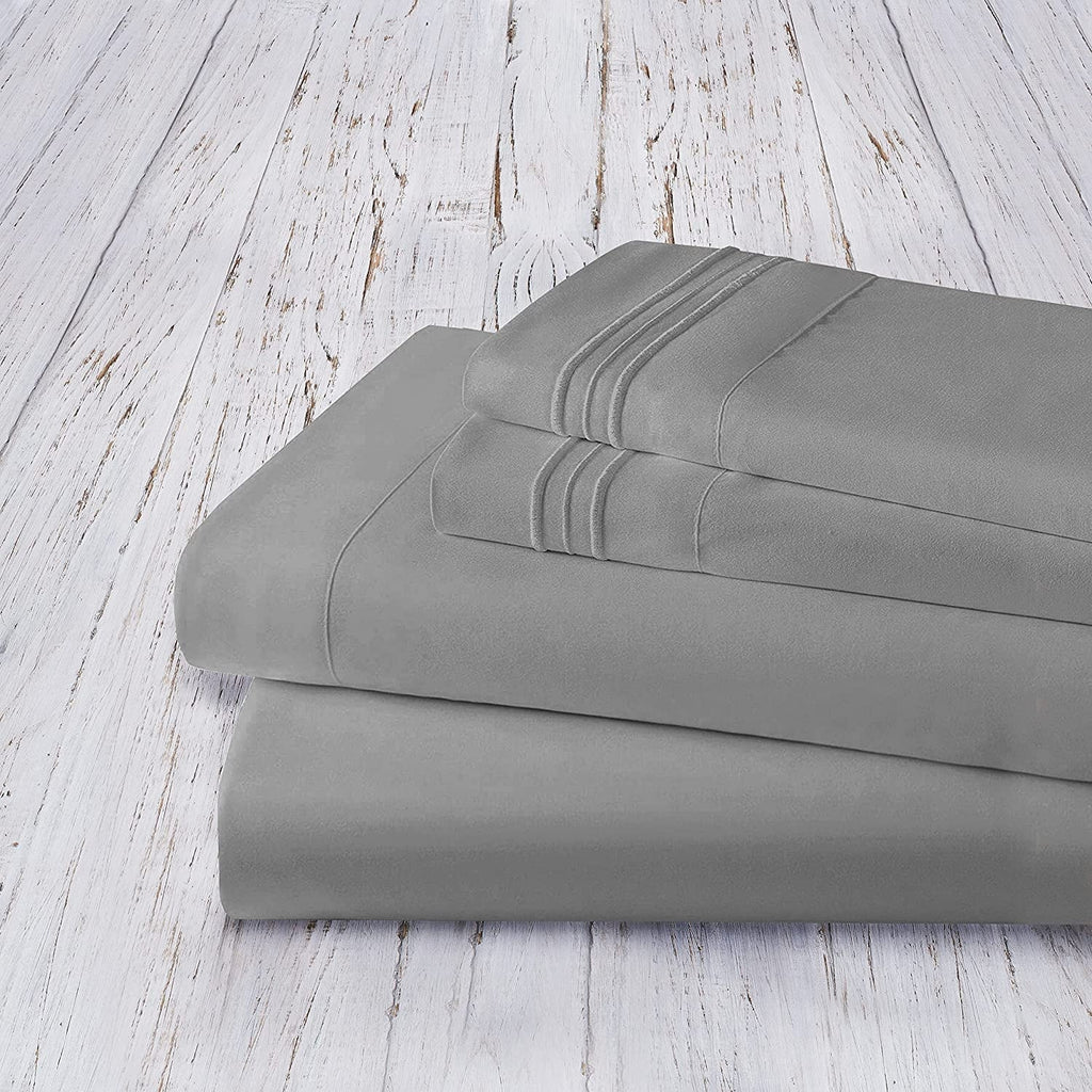 Wrinkle-Resistant 4 Pieces Bed Sheet set Flat,Fitted,Pillowcase , Queen Grey - Breathable Egyptian Cotton Flat & Fitted Sheets Detail