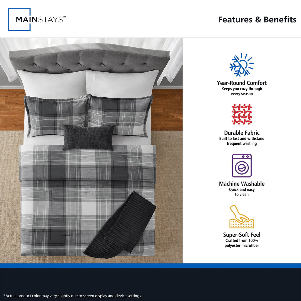 All-Season Full/Queen Comforter Set, All-Season, 5-Piece, Grey Plaid - Luxurious Quilted Duvet Cover Set Detail