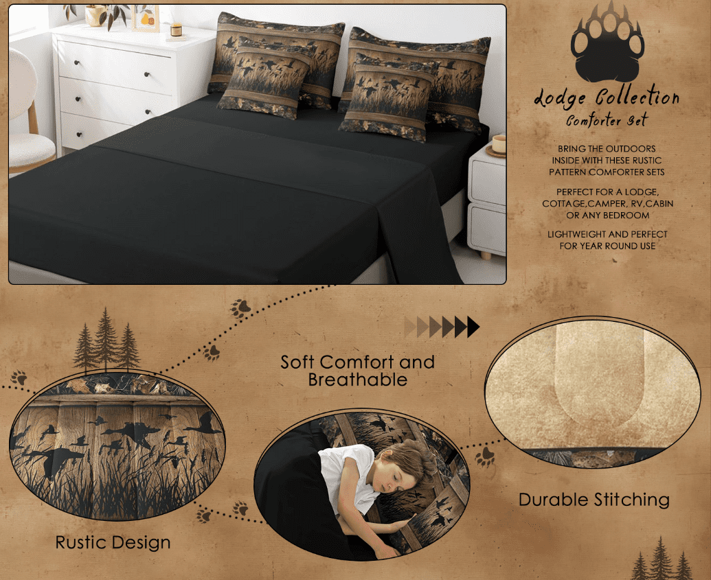 All-Season 7 Piece Camo Mallard Duck Comforter Set With Sheets Men Rustic Farmhouse Cabin Bed In A Bag Full,Hunting Woodland Duc... - Cloud-Like Soft Lightweight Bed Comforter Detail