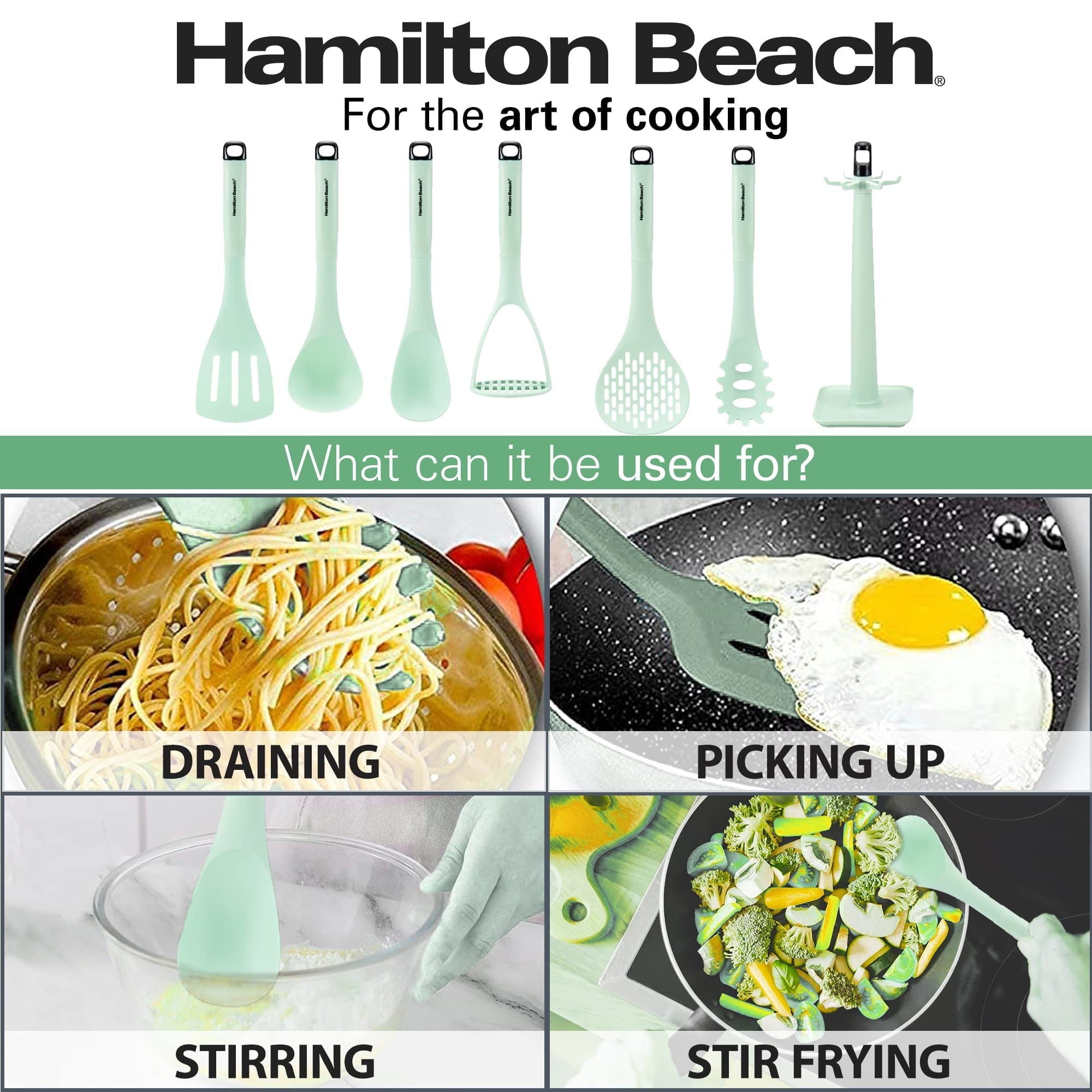 Ergonomic Cooking Kitchen Utensil Set 7 Piece | Cooking Utensil set Slotted turner, Ladle Skimmer, Pasta Server, Potato Masher, S... - Premium Stainless Steel Cooking Utensil for Non-Stick Pots Detail