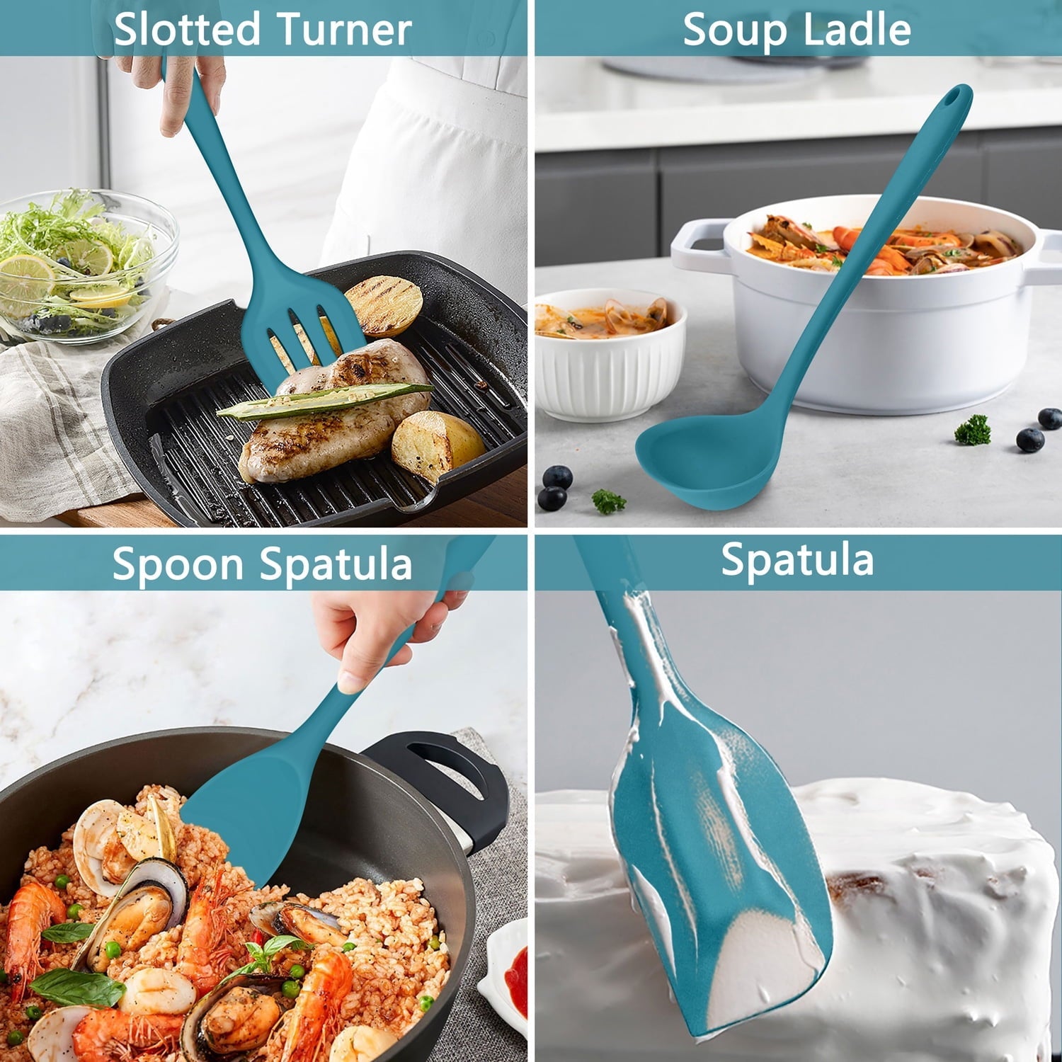 Ergonomic Cooking 7-Piece Silicone Cooking Utensils Set, Blue Kitchen Utensils, Non-stick Gadgets Tools Include Slotted Turner, Soup La... - Heat-Resistant Silicone Cooking Spatula Turner Detail