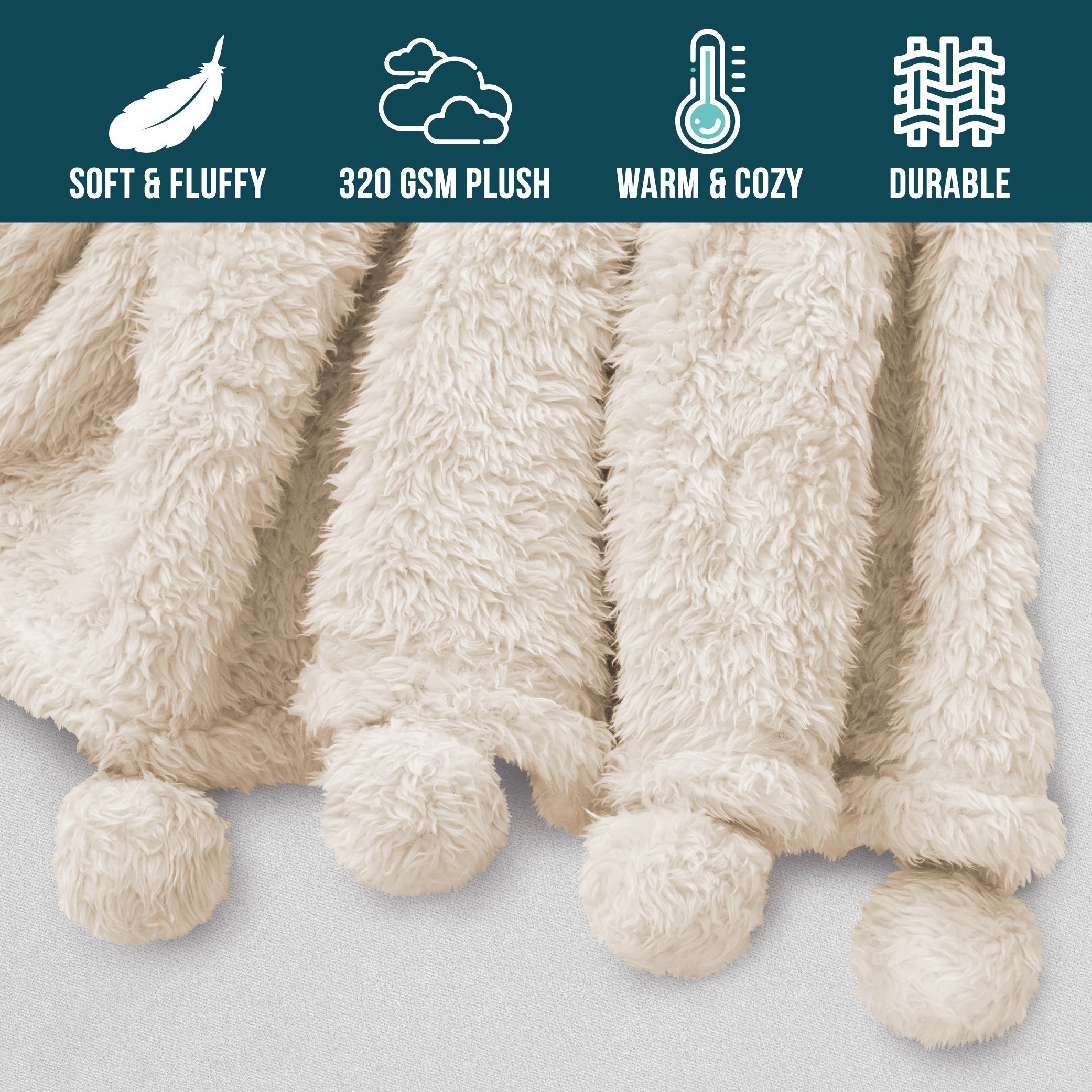 Super Soft Flannel Ivory Cream Sherpa Throw Blanket with Soft Pom Pom Fringe, Plush Cozy Warm Blankets for Couch Bed Sofa, Fuzzy Fleece ... - Luxury Knitted Decorative Throw Blanket with Fringes Detail