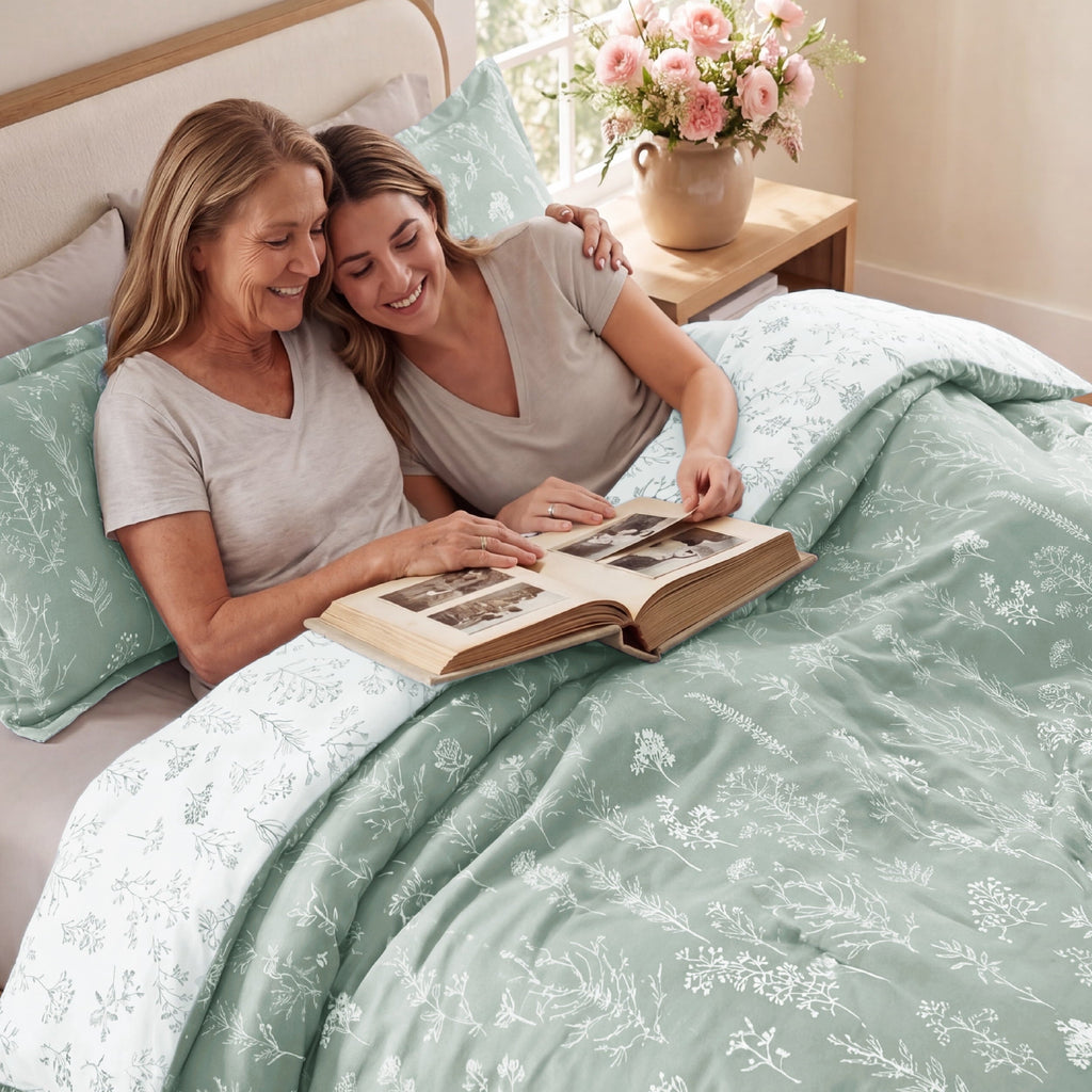 Luxurious Quilted 3 Pieces Sage Green Queen Size Comforter Sets, Cute Flowers Botanical Lightweight Soft Bedding Set with 2 Pillow Shams - Luxurious Quilted Duvet Cover Set Detail
