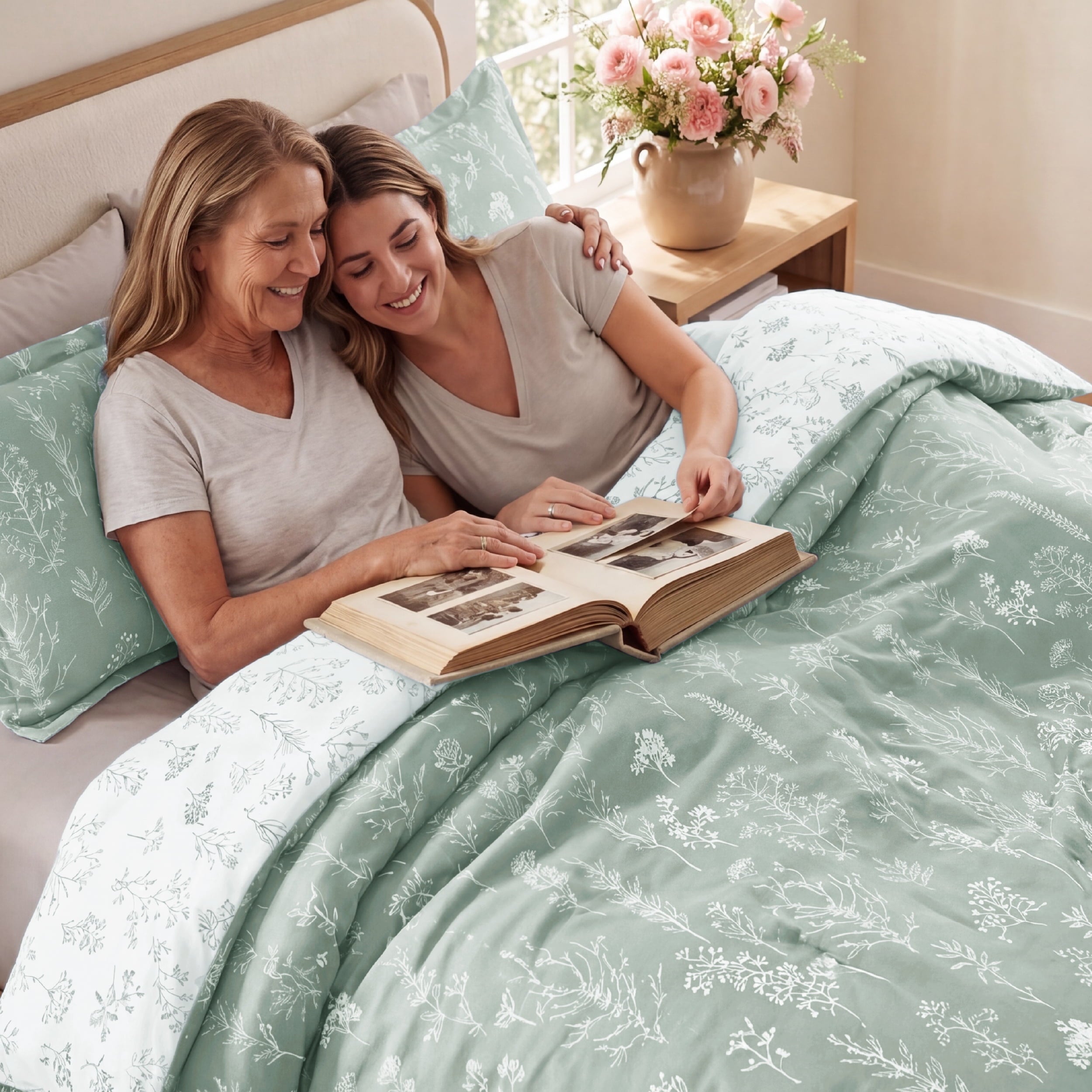 Luxurious Quilted 3 Pieces Sage Green Queen Size Comforter Sets, Cute Flowers Botanical Lightweight Soft Bedding Set with 2 Pillow Shams - Luxurious Quilted Duvet Cover Set Detail