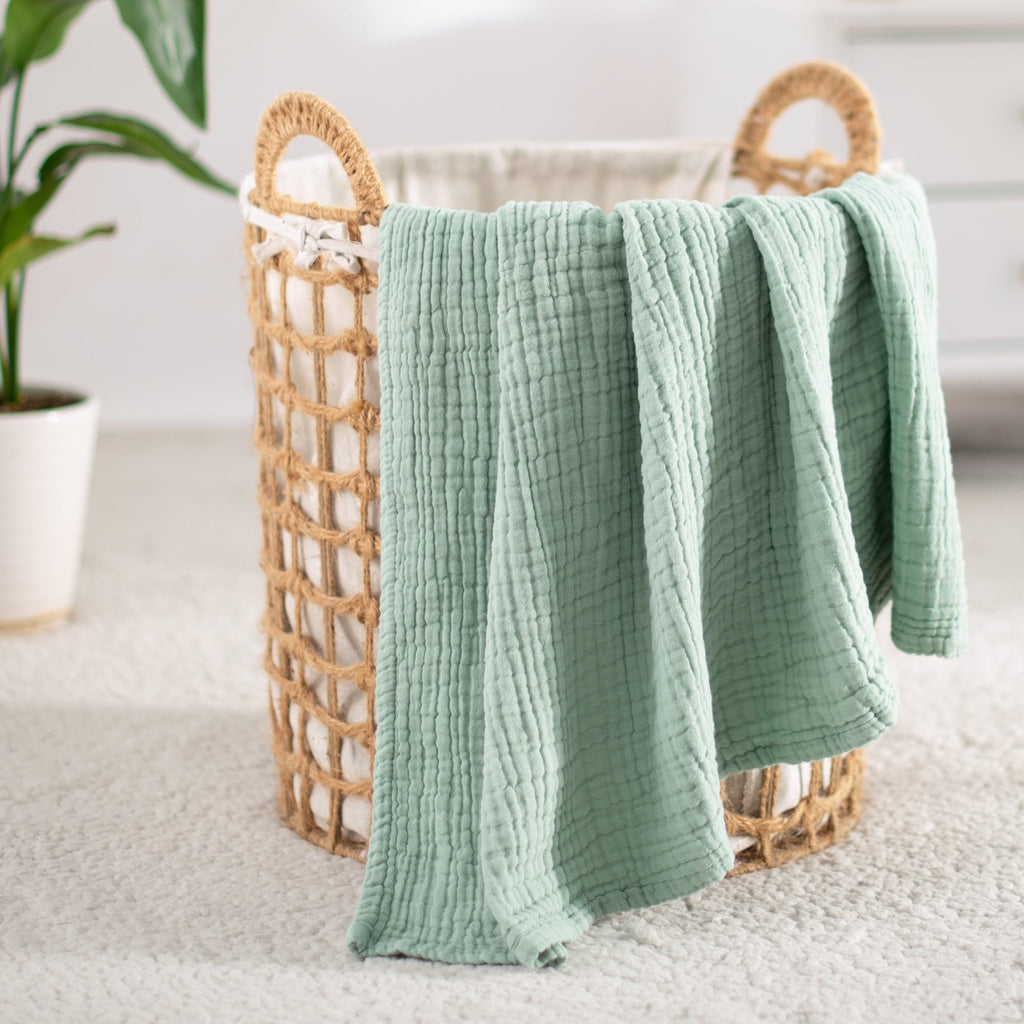 Super Soft Flannel 100% Cotton Muslin Throw Blanket Gauze Blankets for Adults Soft Throws for Bed and Couch, 50" x 70" Sage Green - Luxury Knitted Decorative Throw Blanket with Fringes Detail