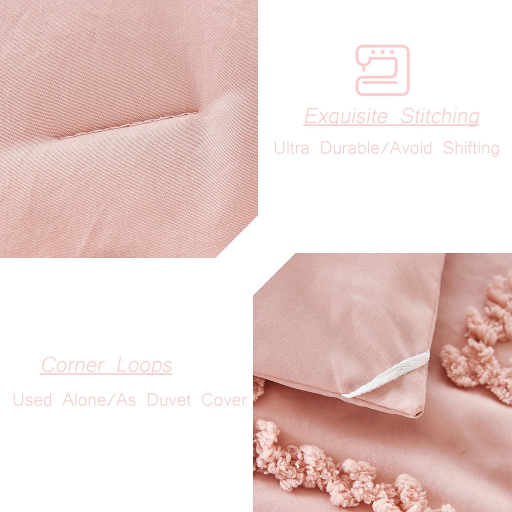 Hypoallergenic Cloud Pink Diamond Jacquard Comforter Set Queen 3 Pcs Bohemian Tufts Quilt Set for Kids Girls Adult 100% Soft Microfiber Be... - Luxurious Quilted Duvet Cover Set Detail