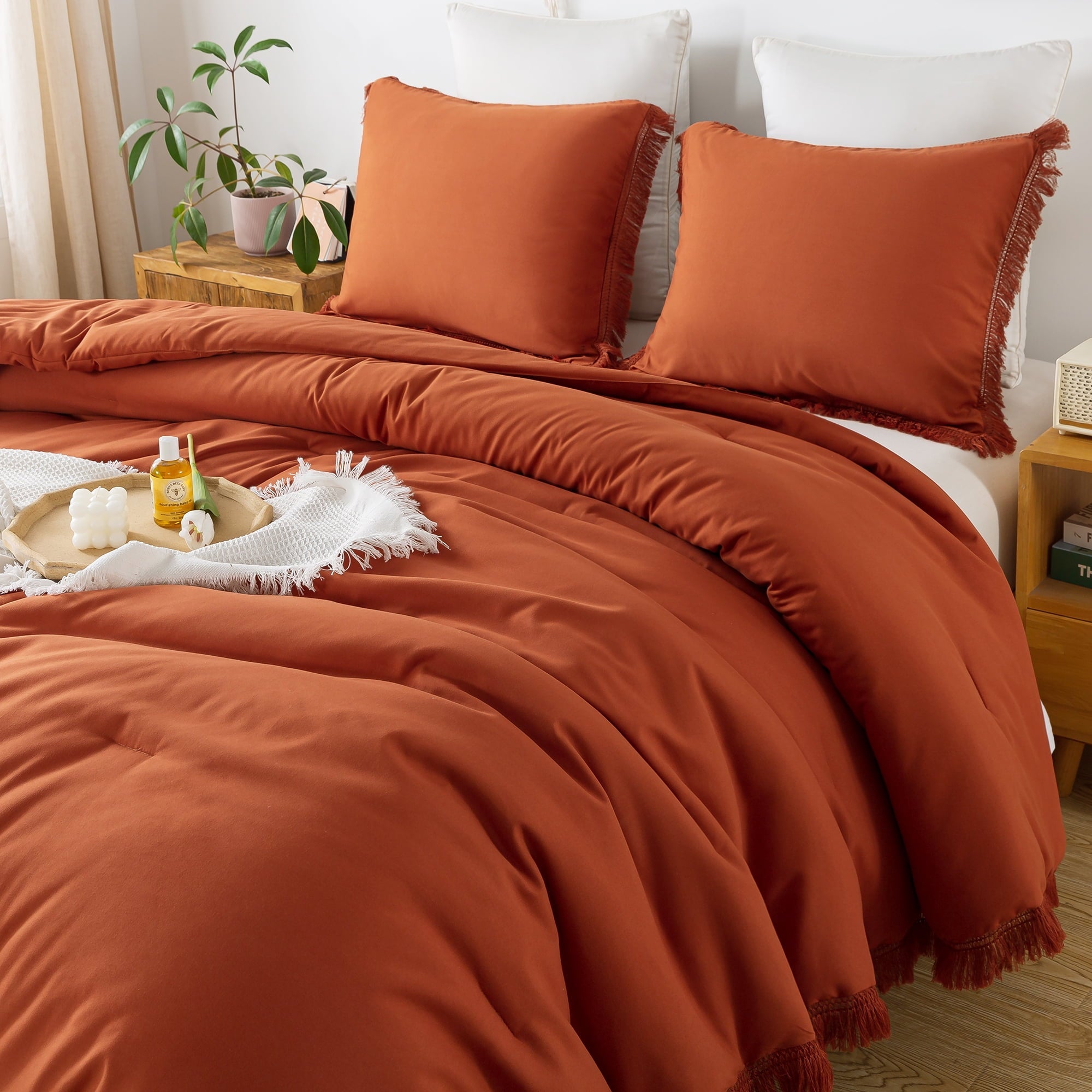 All-Season King Size Comforter Sets Burnt Orange, 3 Pieces Soft Fluffy Boho Bedding Comforter Sets for King Bed, All Season Terr... - All-Season Down Alternative Comforter Insert Detail