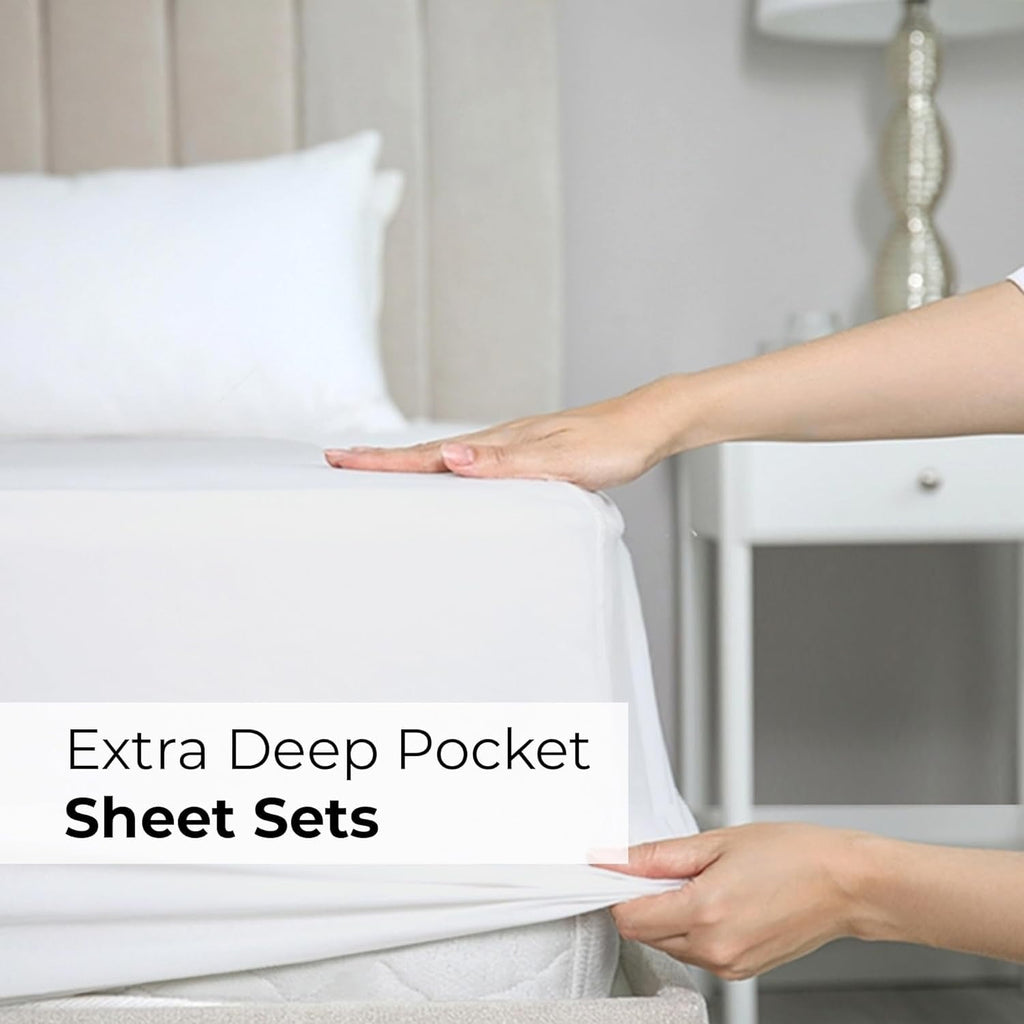 Ultra-Soft 6-Piece Extra Deep Pocket Sheet Set With Extra Matching Pillowcases - King Size Bed Sheets Fits 18"-24" Ma... - Breathable Egyptian Cotton Flat & Fitted Sheets Detail