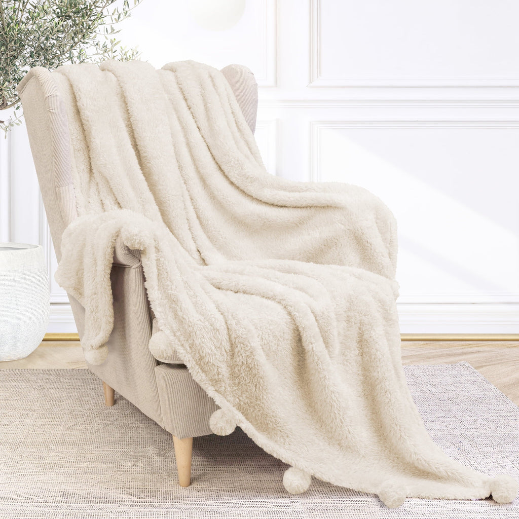 Super Soft Flannel Ivory Cream Sherpa Throw Blanket with Soft Pom Pom Fringe, Plush Cozy Warm Blankets for Couch Bed Sofa, Fuzzy Fleece ... - Luxury Knitted Decorative Throw Blanket with Fringes Detail