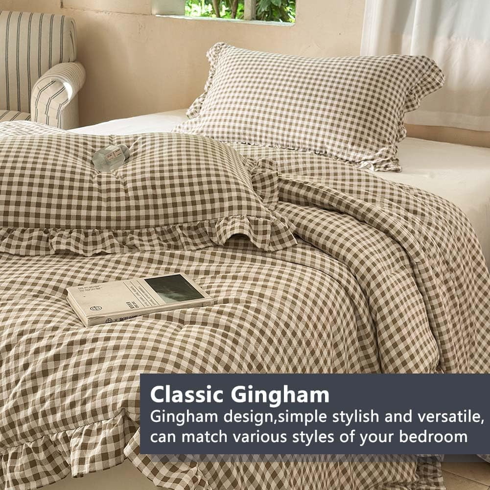 Fluffy Down Alternative Tan Gingham Ruffle Queen Comforter Set, Taupe Ruffled Plaid Bedding Set, Ruffled Checked Bed Comforter 3 Pieces(Tan G... - All-Season Down Alternative Comforter Insert Detail