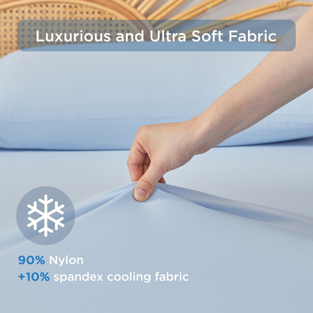 Cooling Sateen Full/QueenSize Sheet Set, 3 Piece Cooling Bed Sheet with Deep Pocket for Hot Sleepers, Ice Blue - Luxury Bed Sheet Set with Deep Pockets Detail