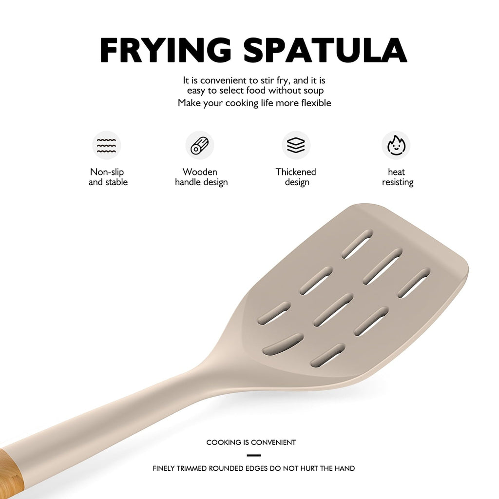 Seamless One-Piece Large Silicone Cooking Utensils - Heat Resistant Kitchen Utensil Set with Wooden Handles, Spatula,Turner, Slotted Spo... - Ergonomic Kitchen Tongs and Cooking Spoon Utensil Detail