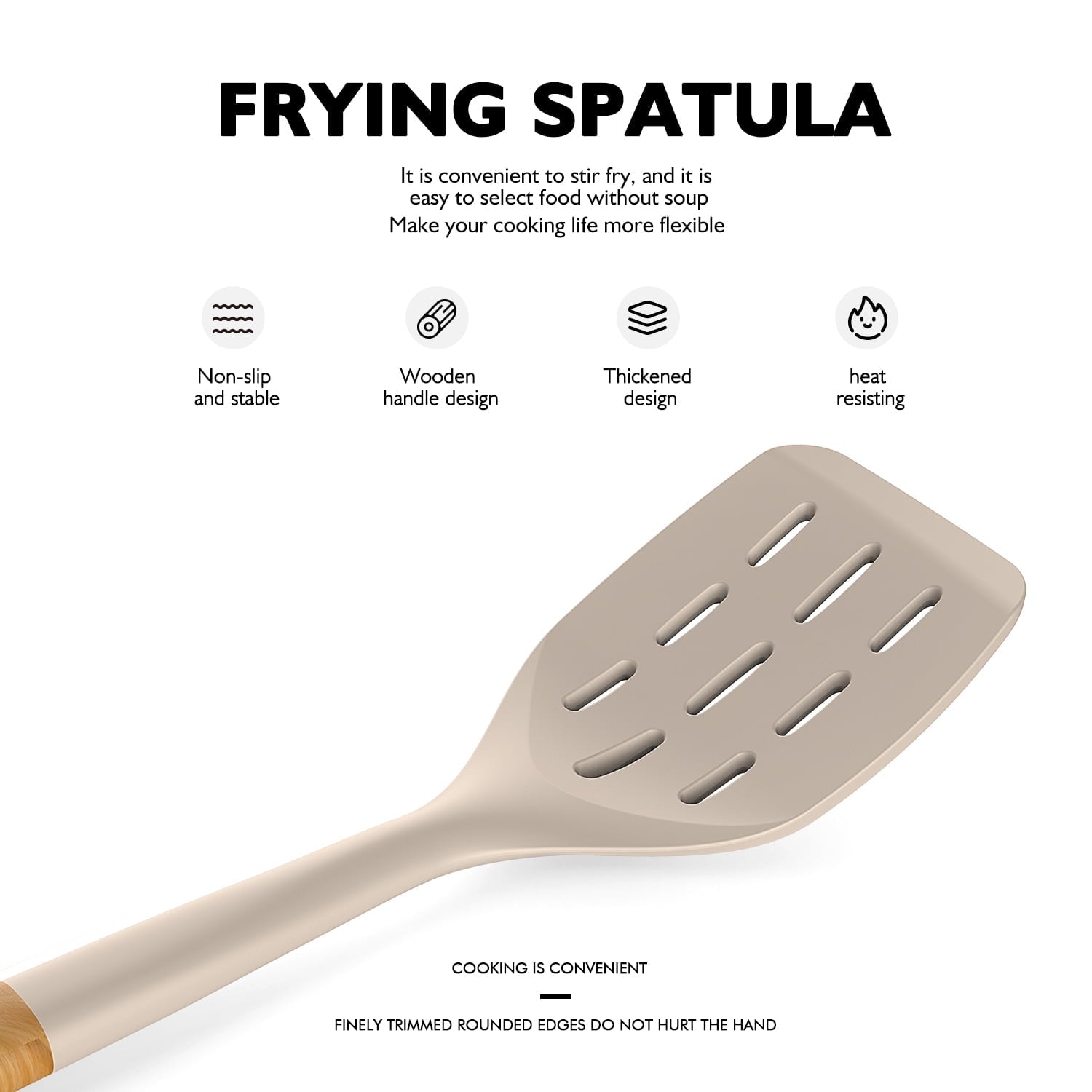 Seamless One-Piece Large Silicone Cooking Utensils - Heat Resistant Kitchen Utensil Set with Wooden Handles, Spatula,Turner, Slotted Spo... - Ergonomic Kitchen Tongs and Cooking Spoon Utensil Detail