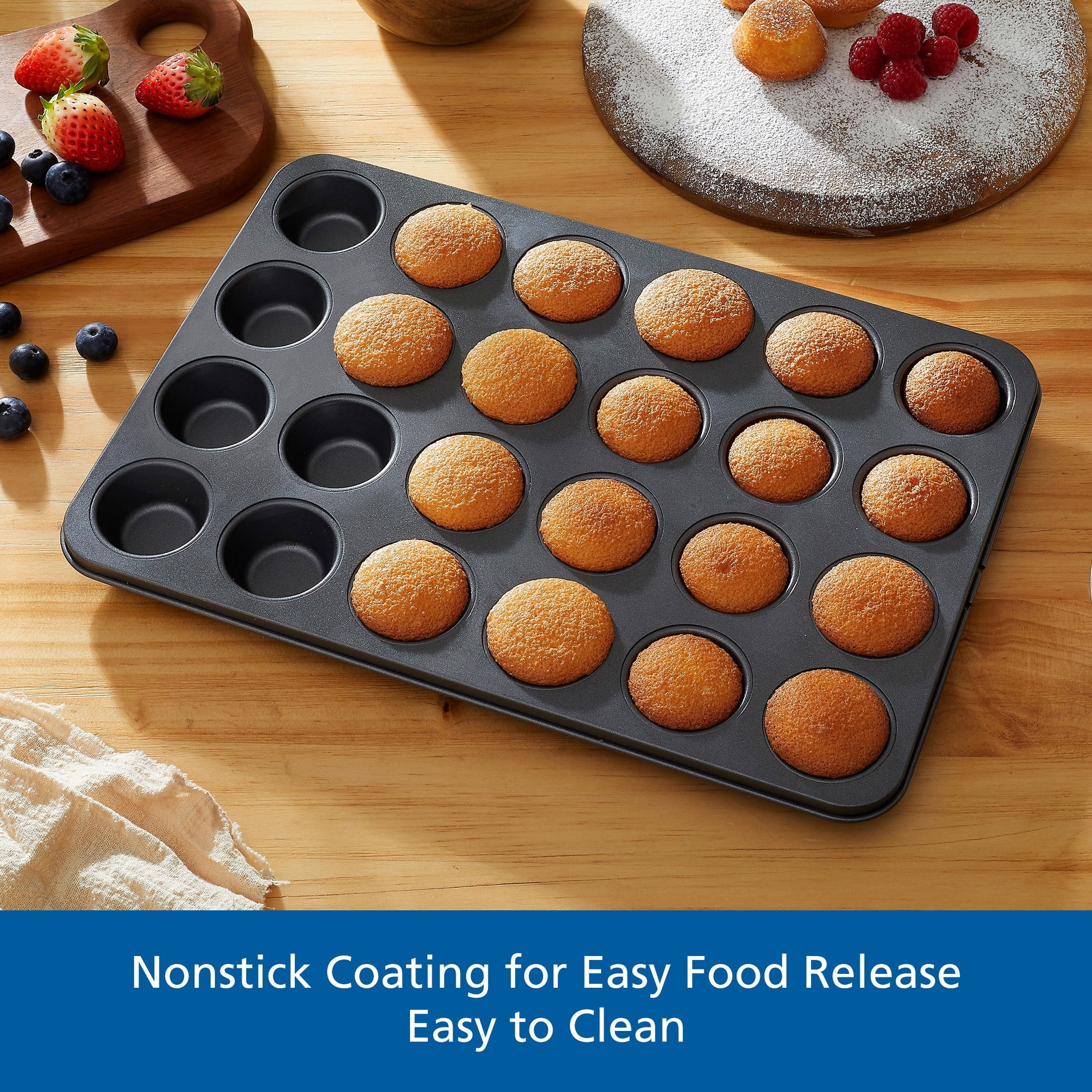 Premium Kitchen 24 Cavity Mini Muffin Pan, Non-Stick Bakeware,1.8 inch Diameter Cups,Gray,Carbon Steel - Premium Stainless Steel Garlic Presser & Peeler Detail