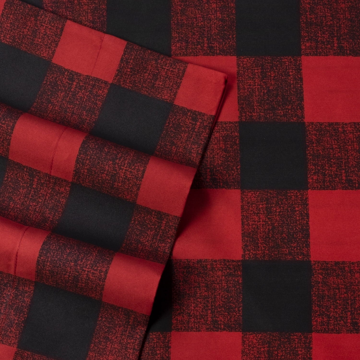 Cooling Sateen Buffalo Plaid Black and Red 4 Piece Bed Sheet Set - Twin - Breathable Egyptian Cotton Flat & Fitted Sheets Detail