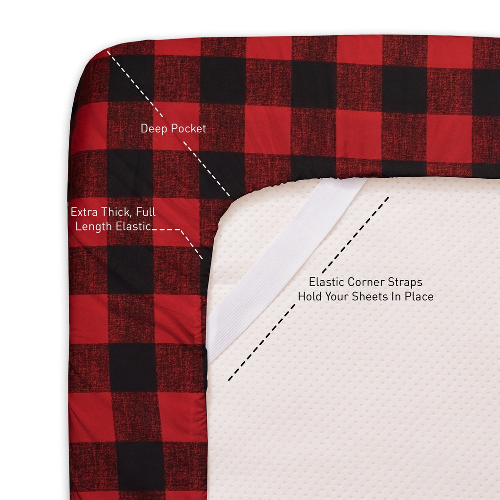 Cooling Sateen Buffalo Plaid Black and Red 4 Piece Bed Sheet Set - Twin - Breathable Egyptian Cotton Flat & Fitted Sheets Detail