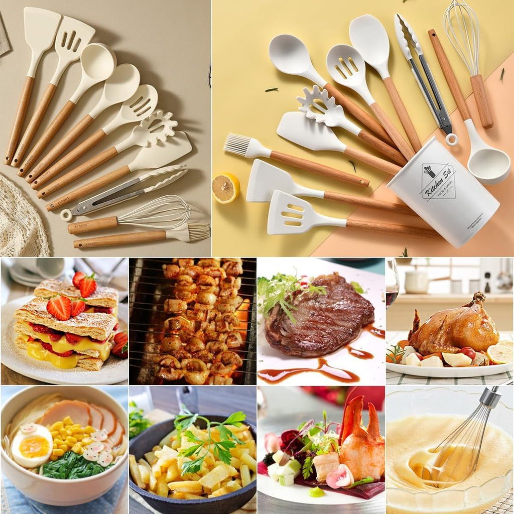 Non-Stick Safe Cooking Utensils Set, 12 packs Non-Stick Silicone Cooking Kitchen Utensils Spatula Set with Wooden Handles and... - Heat-Resistant Silicone Cooking Spatula Turner Detail