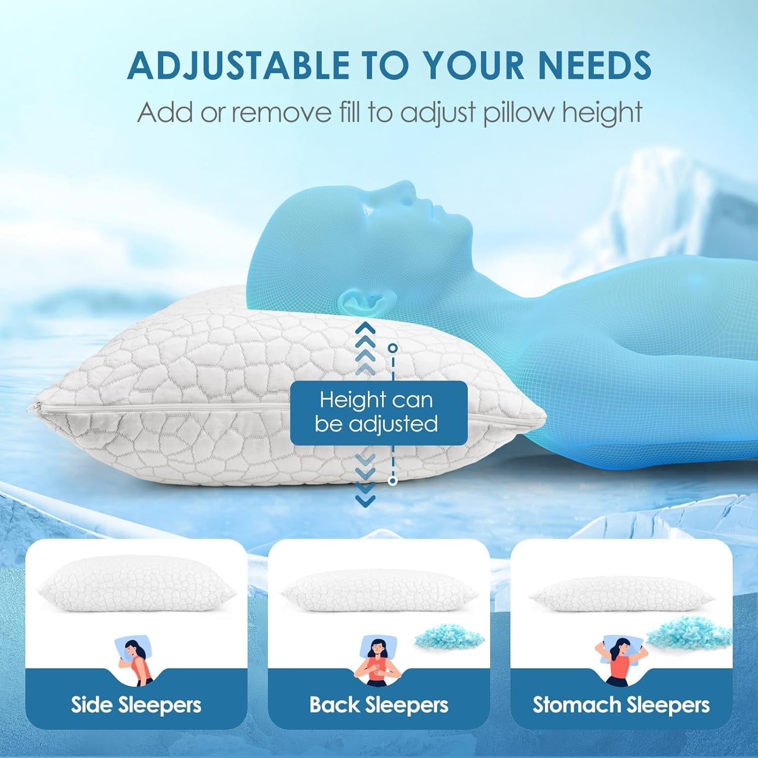 Orthopedic Support Cooling Bed Pillows Queen Size Set of 2, Shredded Memory Foam Pillows for Sleeping 2 Pack, Adjustable Soft Firm Pillo... - Orthopedic Shredded Foam Bed Pillow Set Detail