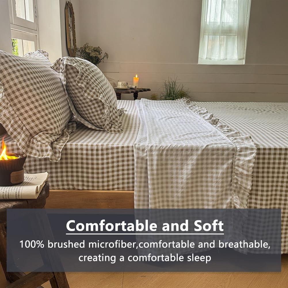 Premium Egyptian Cotton Tan Gingham Ruffle Queen Sheet Set, Taupe Soft Pre-Washed Microfiber Plaid Ruffled Queen Bed Sheets, 4-Pieces Farmhou... - Breathable Egyptian Cotton Flat & Fitted Sheets Detail